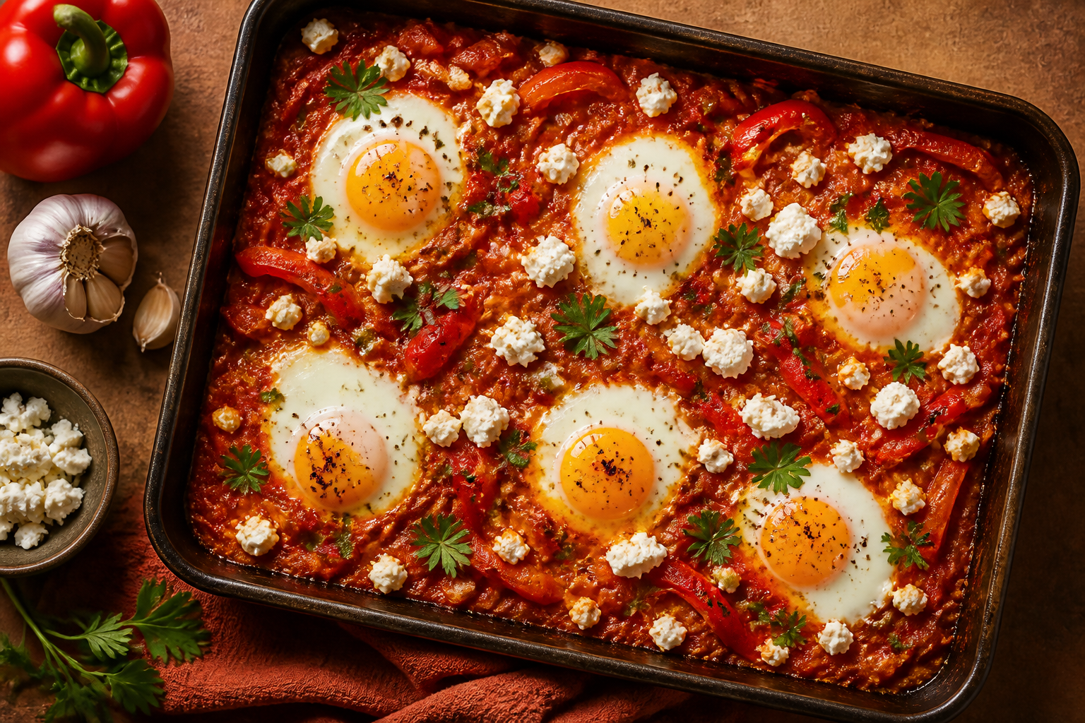 Overhead shot of Shakshuka with Feta plated appetizingly in a baking tray
