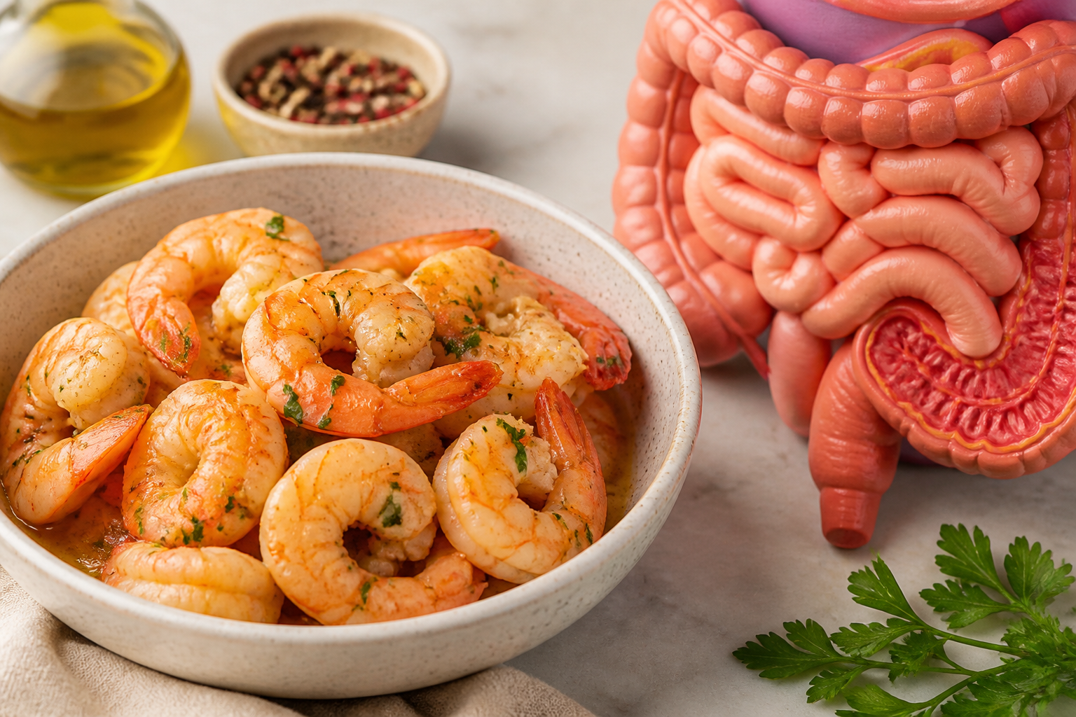 Close-up editorial still life of Shrimp and Your Gut on a clean wooden or marble surface
