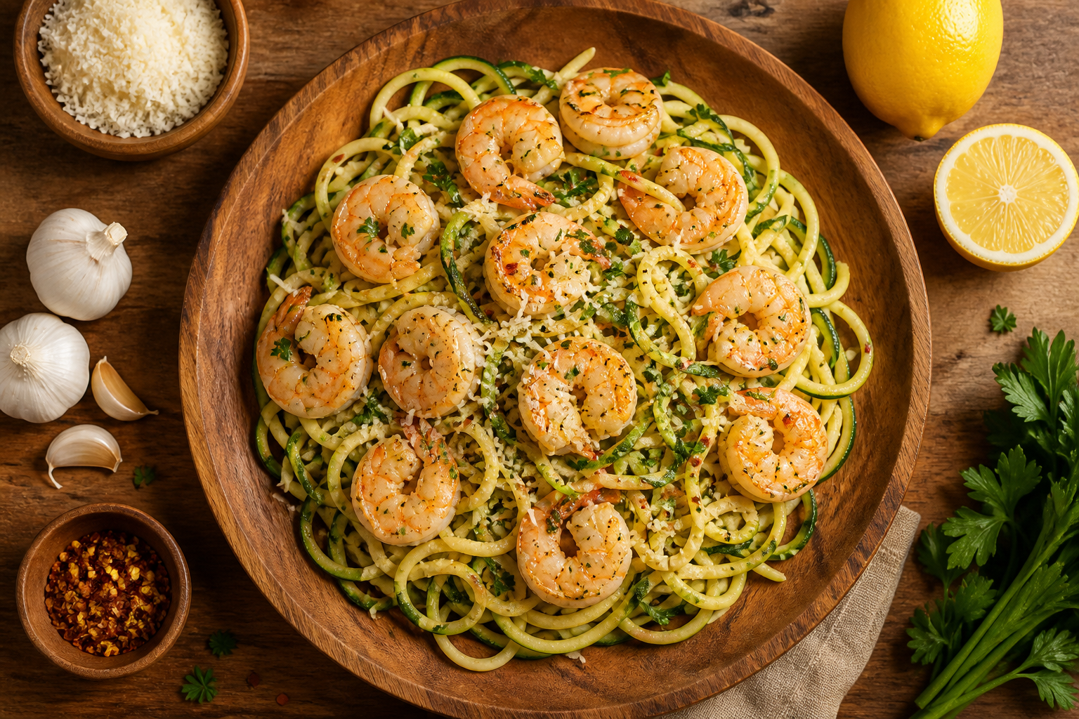Overhead shot of Shrimp Scampi Zoodles with Parmesan plated appetizingly in a wooden board