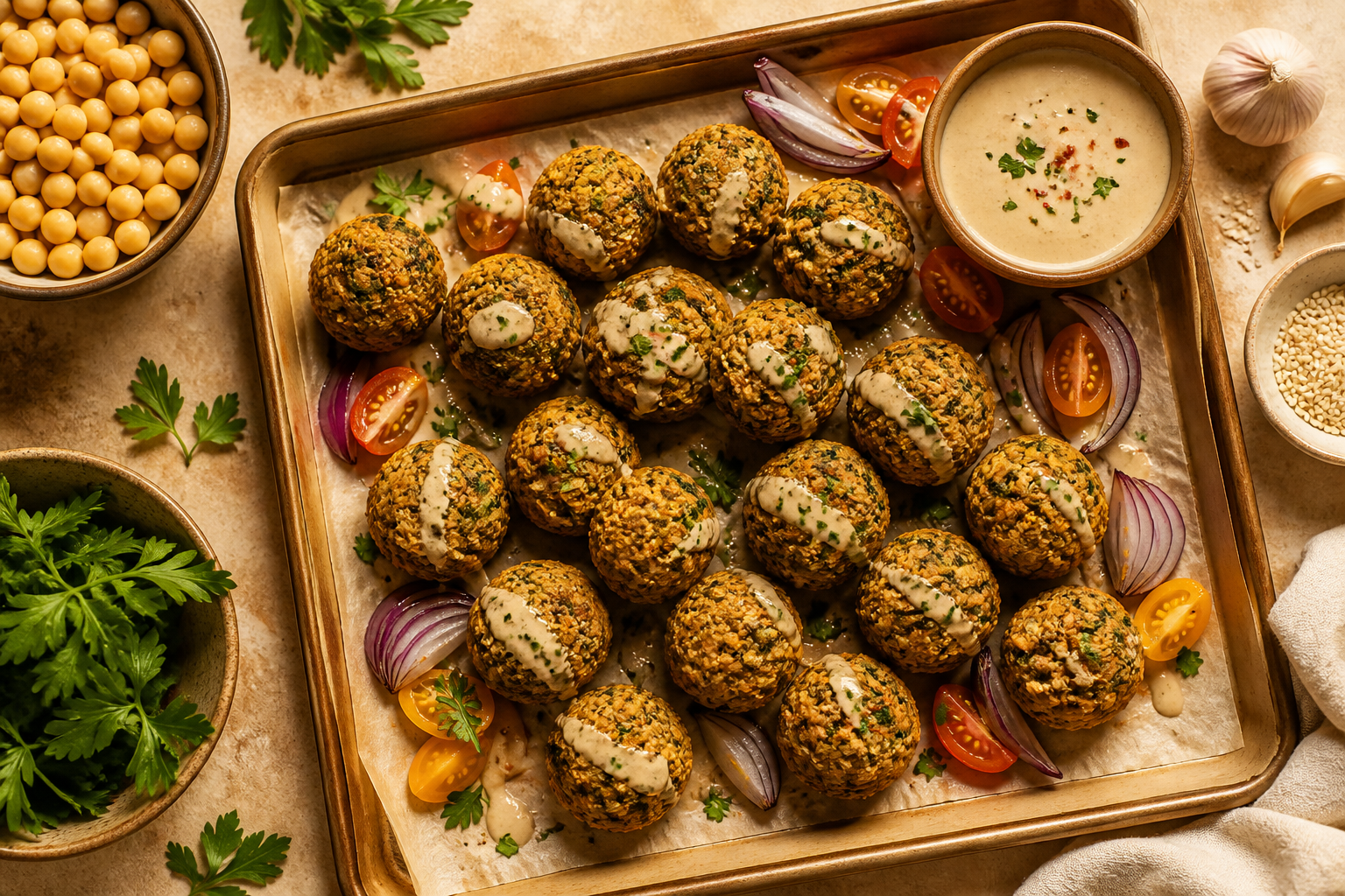 Overhead shot of Simple Baked Falafel plated appetizingly in a baking tray