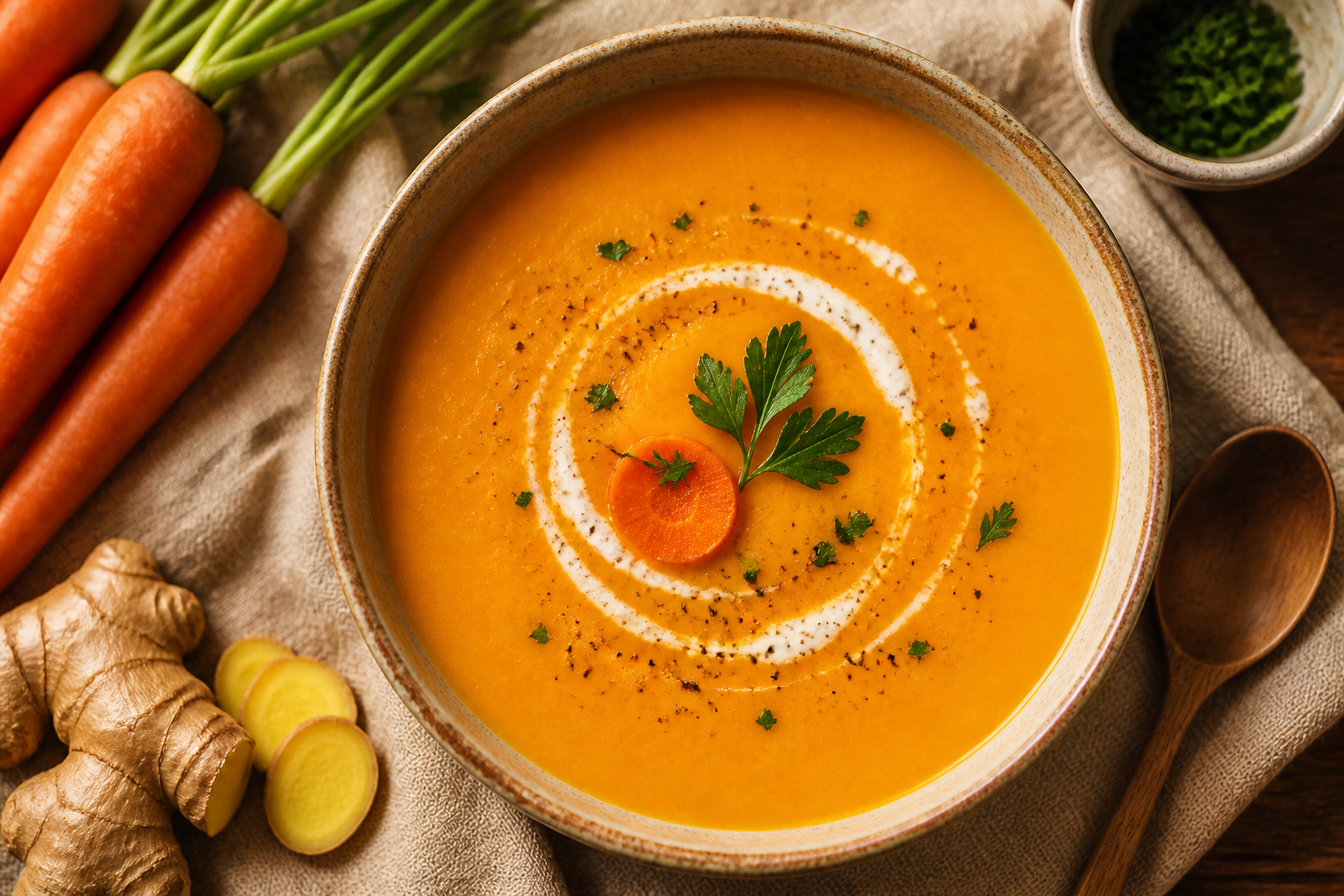 Overhead shot of Simple Carrot Ginger Soup plated appetizingly in a ceramic bowl