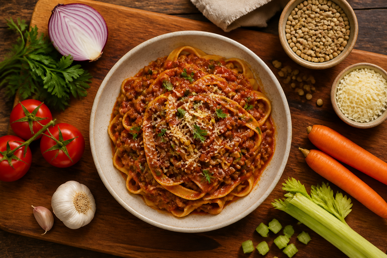 Overhead shot of Simple Lentil Bolognese plated appetizingly in a wooden board