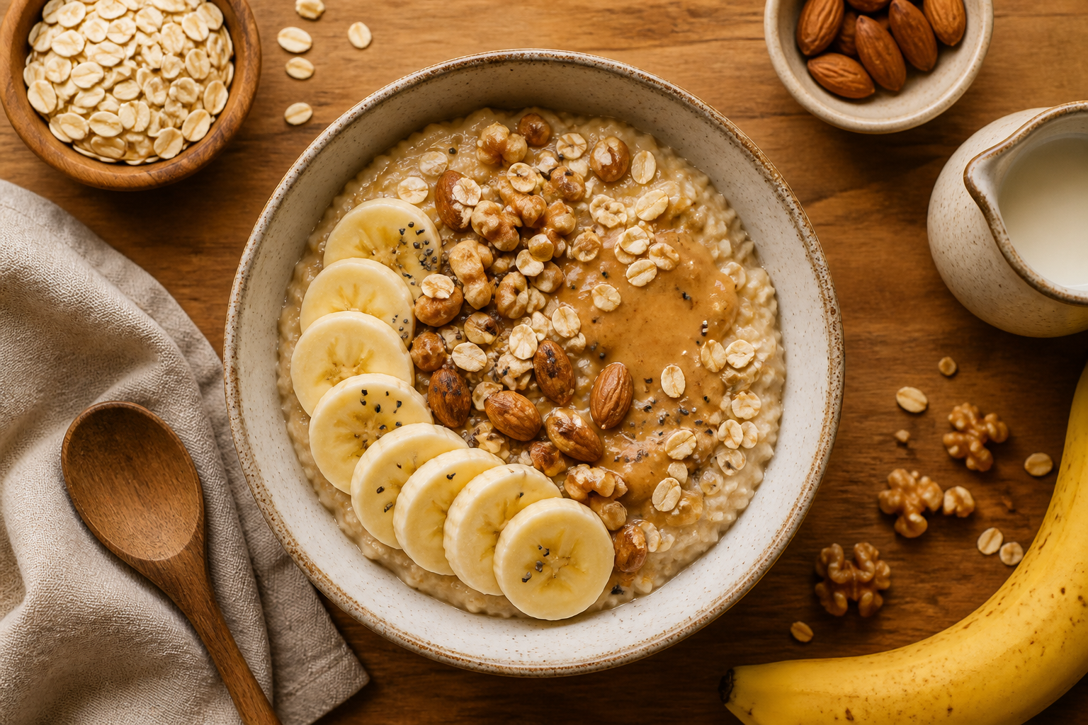 Overhead shot of Simple Oat and Banana Breakfast Bowl plated appetizingly in a ceramic bowl with toppings visible