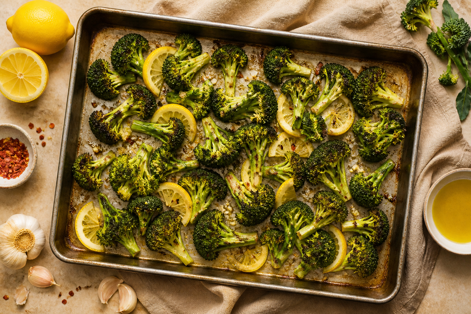 Overhead shot of Simple Roasted Broccoli with Lemon plated appetizingly in a baking tray