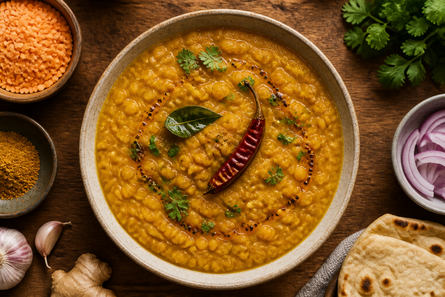 Overhead shot of Simple Spiced Lentil Dal plated appetizingly in a ceramic bowl