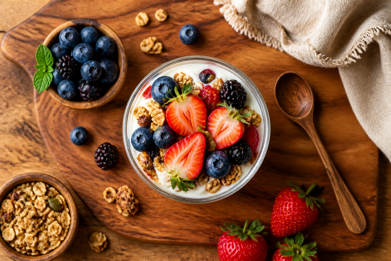Overhead shot of Simple Yogurt Berry Parfait plated appetizingly in a wooden board