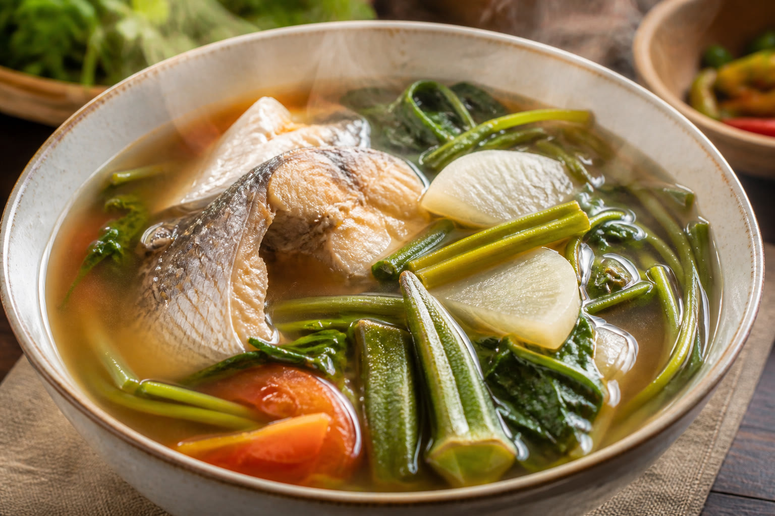 Steaming bowl of sinigang with vegetables and fish in tamarind broth