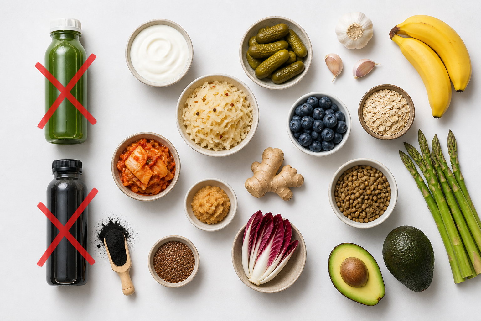 Flat lay of myth-busting imagery — a crossed-out green juice bottle