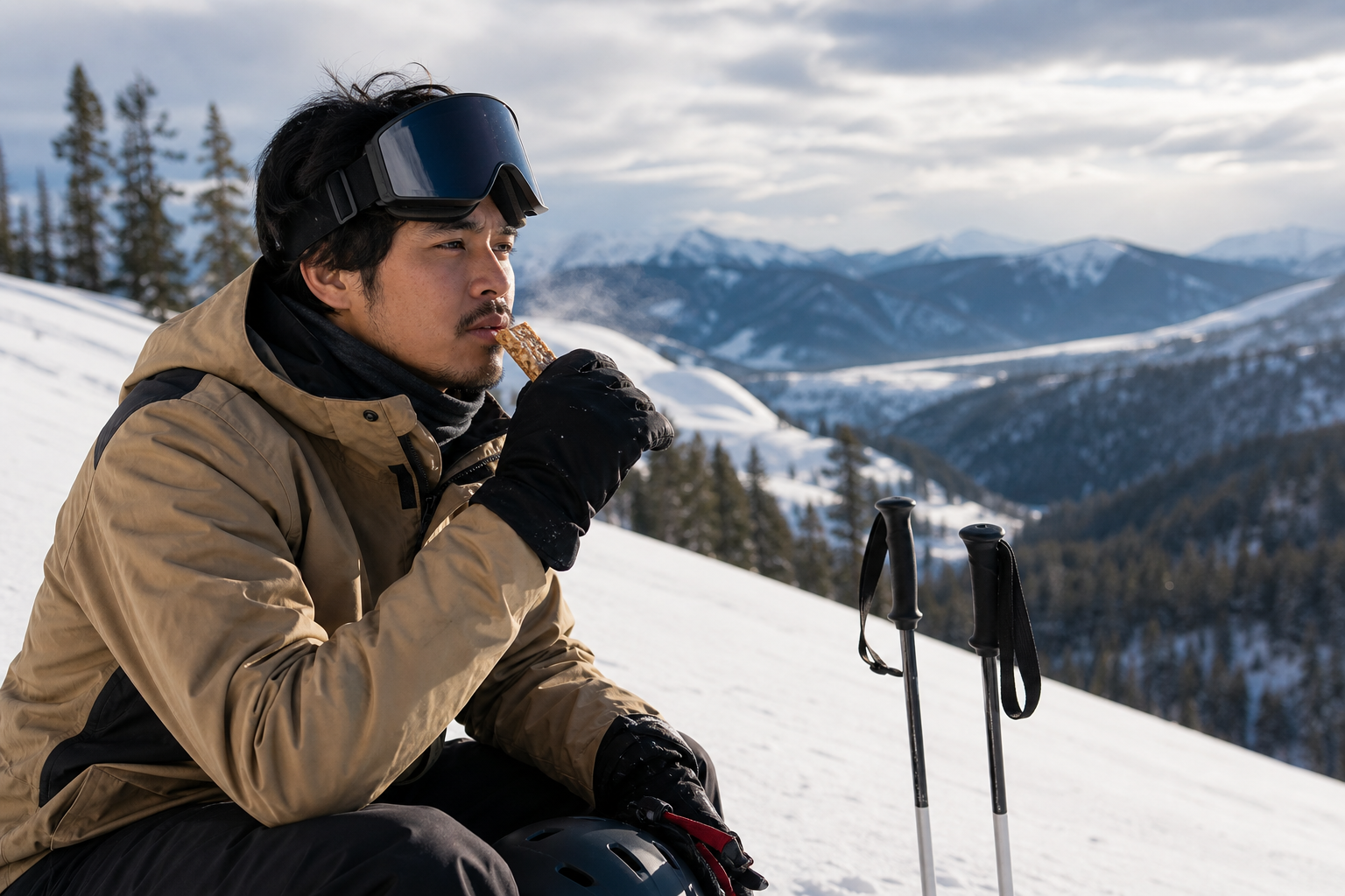 Filipino man in ski gear taking a break on a snowy slope