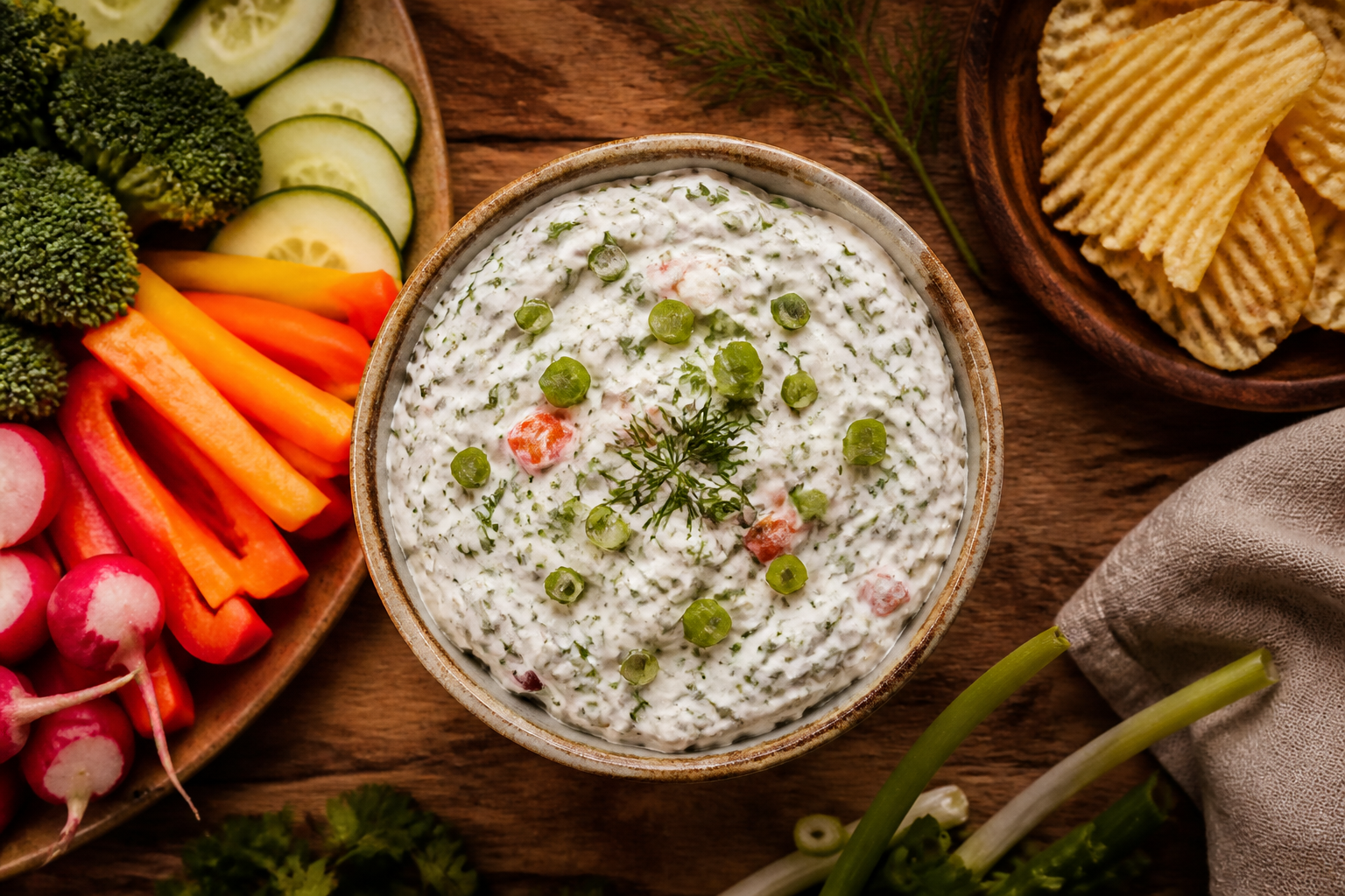 Overhead shot of Skyr Ranch Vegetable Dip plated appetizingly in a small ceramic bowl