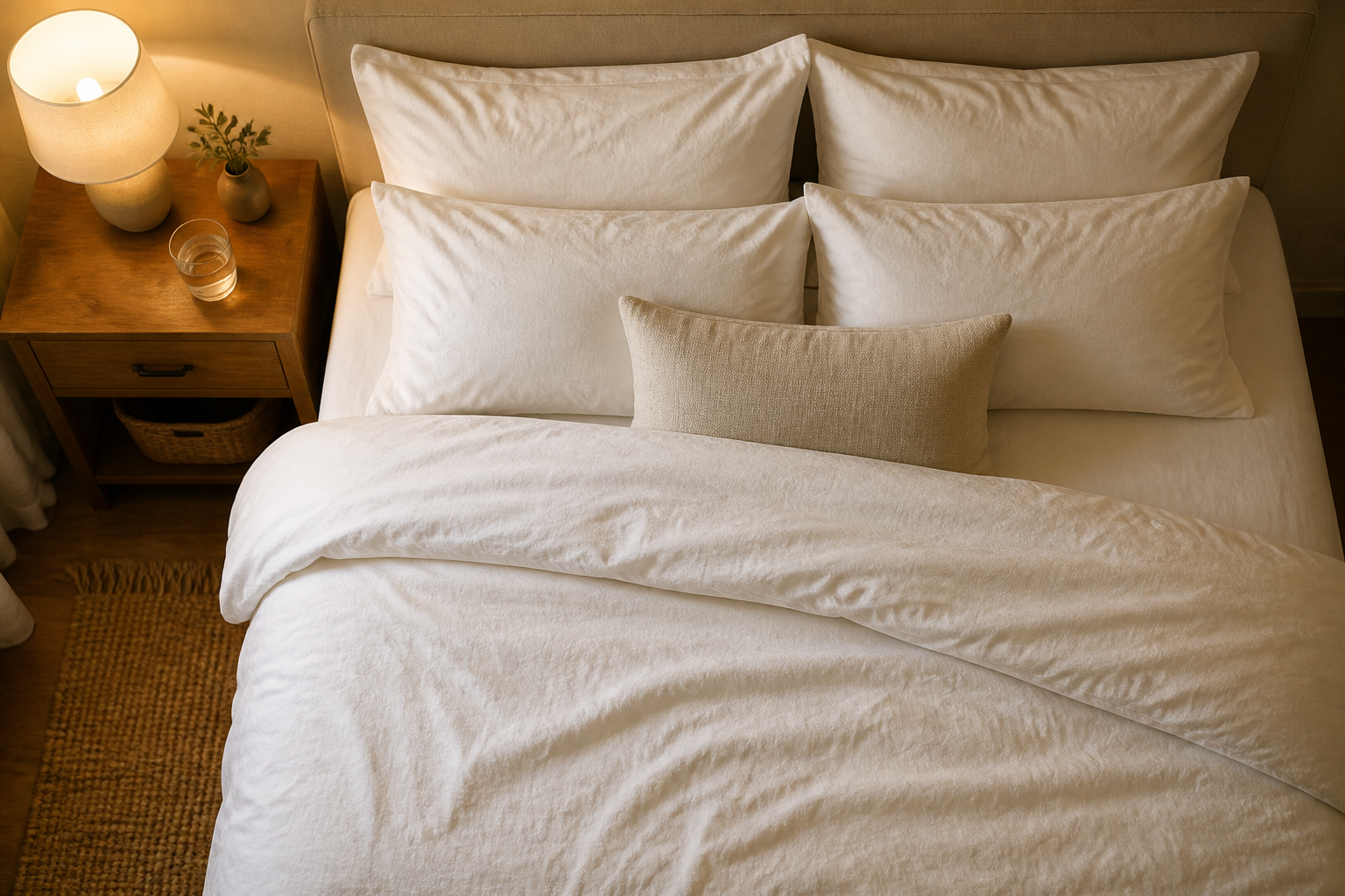 Overhead view of a neatly made bed with soft white linen