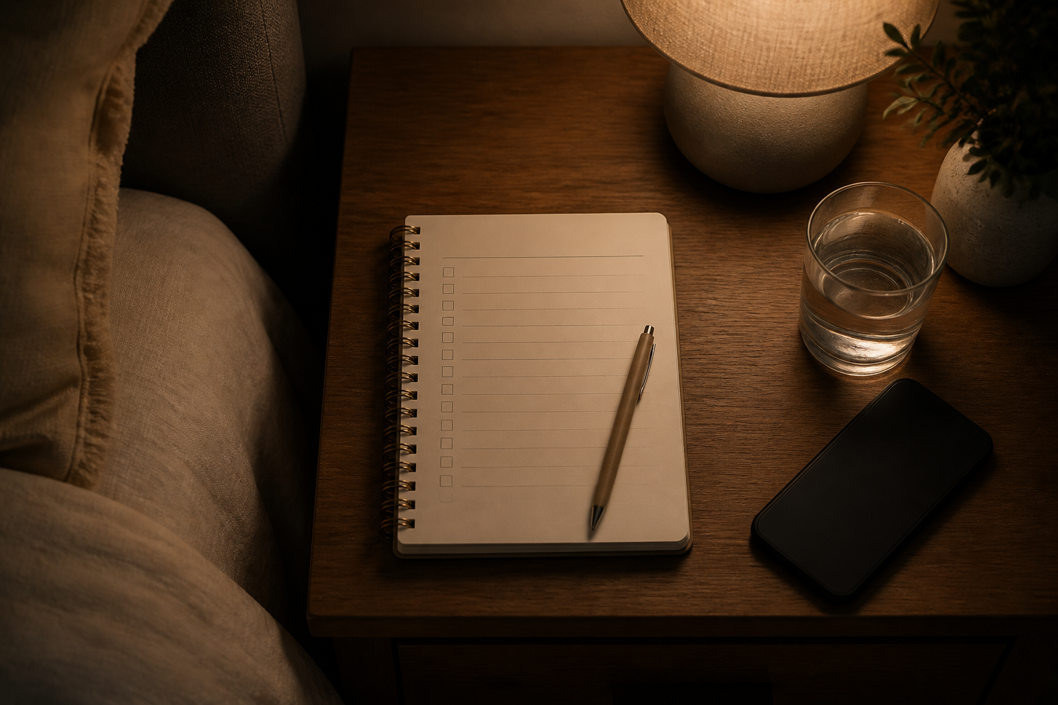 Overhead view of a bedside table with a sleep checklist journal