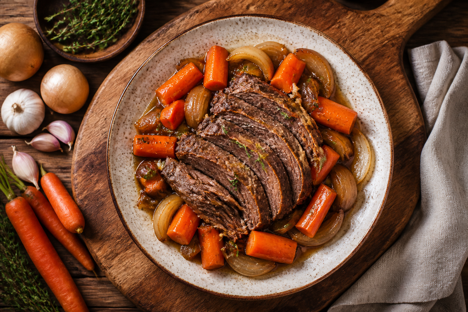 Overhead shot of Slow Cooked Paleo Pot Roast with Carrots plated appetizingly in a wooden board