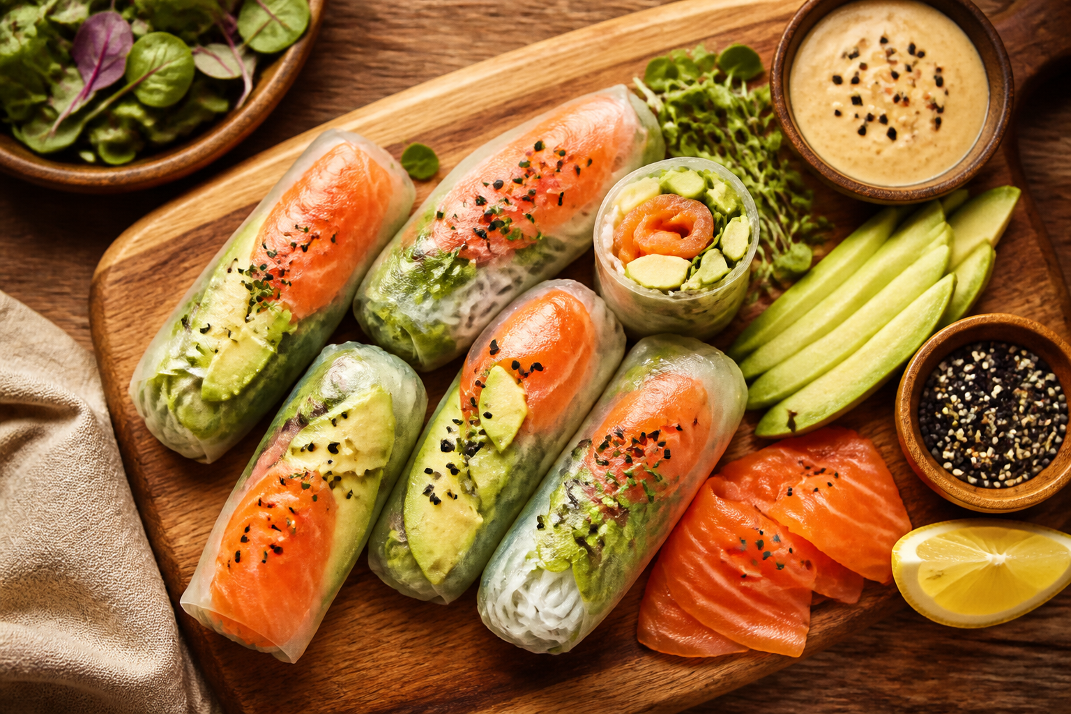 Overhead shot of Smoked Salmon and Avocado Rice Paper Rolls plated appetizingly in a wooden board