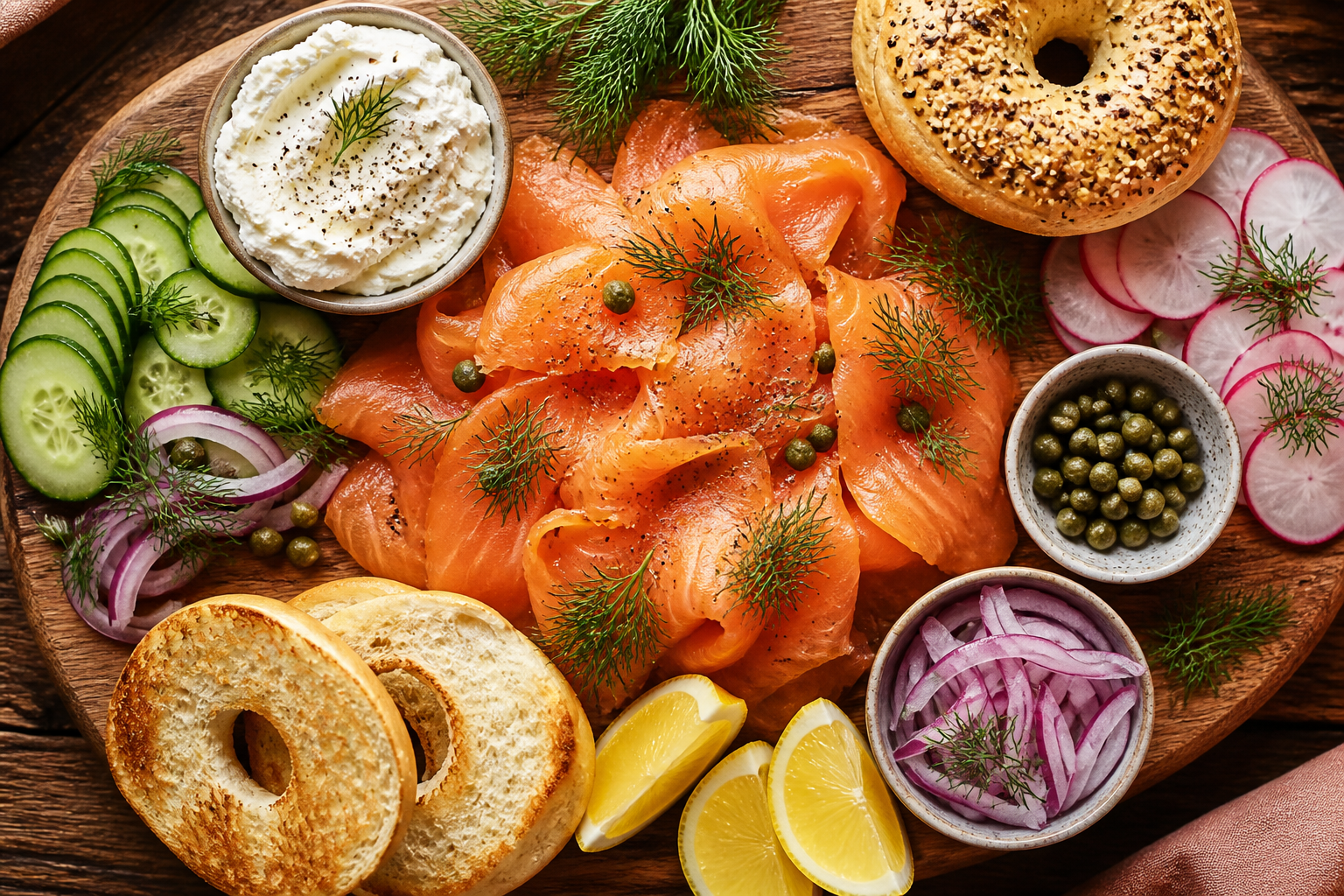 Overhead shot of Smoked Salmon Brunch Board with Cucumber and Dill plated appetizingly in a wooden board