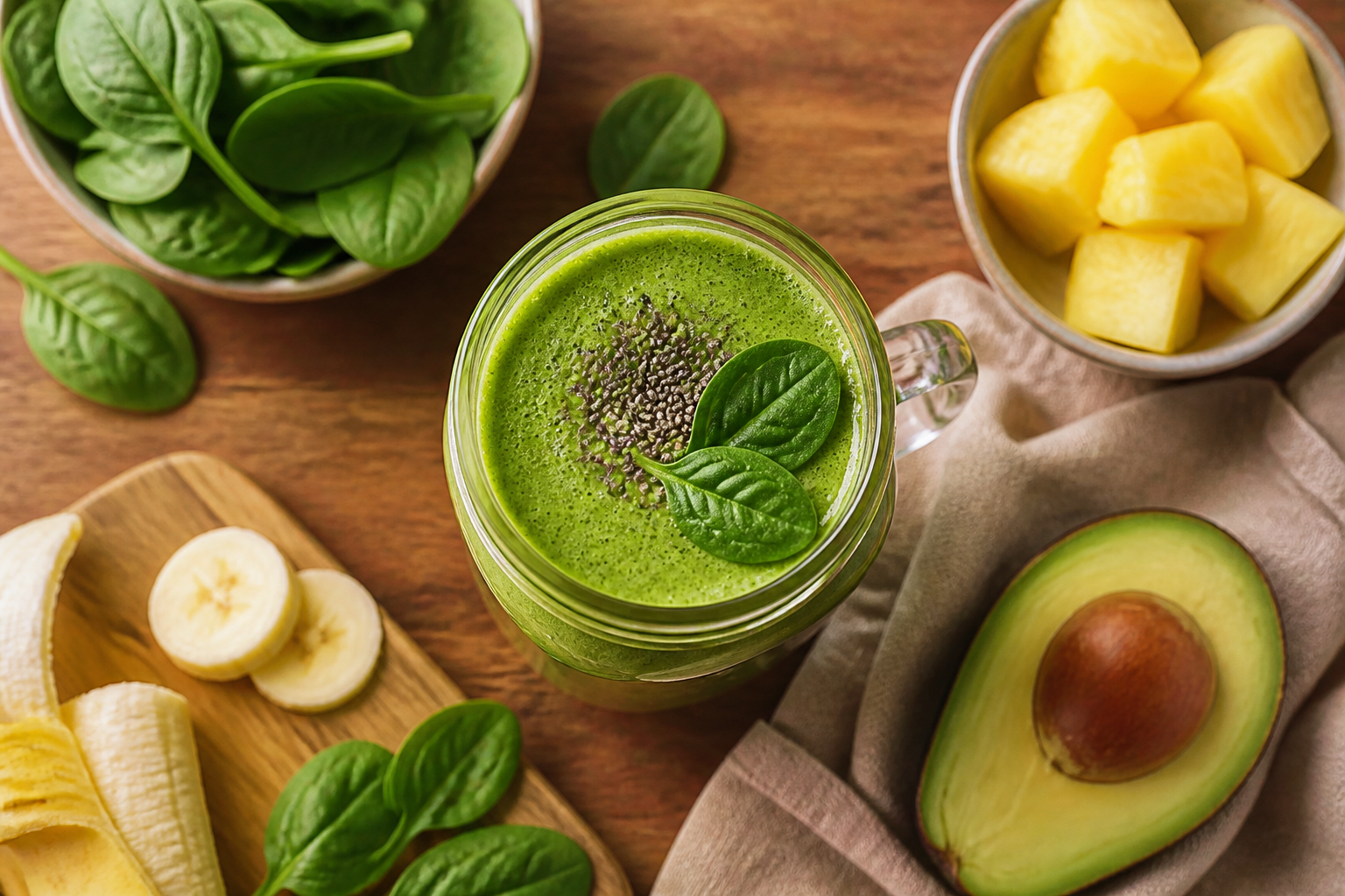 Overhead shot of Sneaky Spinach Green Smoothie plated appetizingly in a tall glass or mug