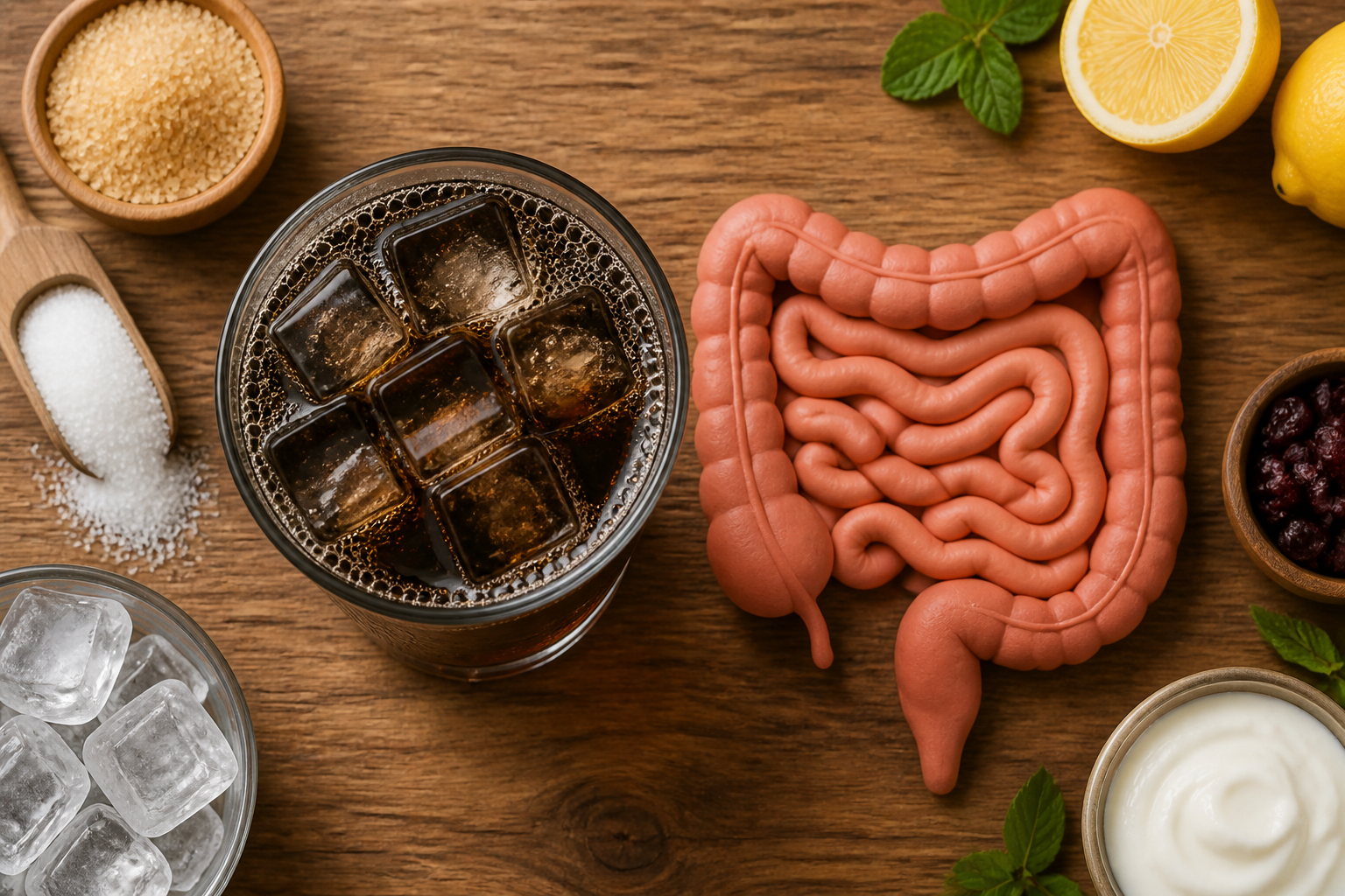 Overhead editorial still life related to Soda and Your Gut on a warm wooden surface