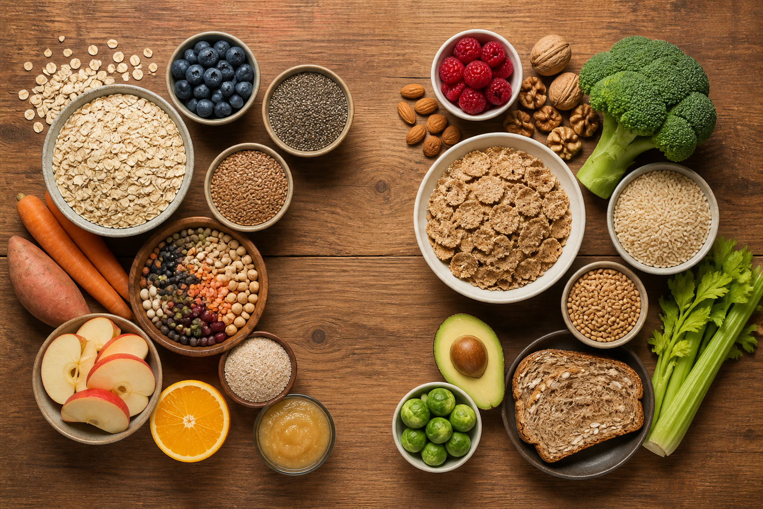 Overhead editorial still life related to Soluble vs Insoluble Fiber on a warm wooden surface