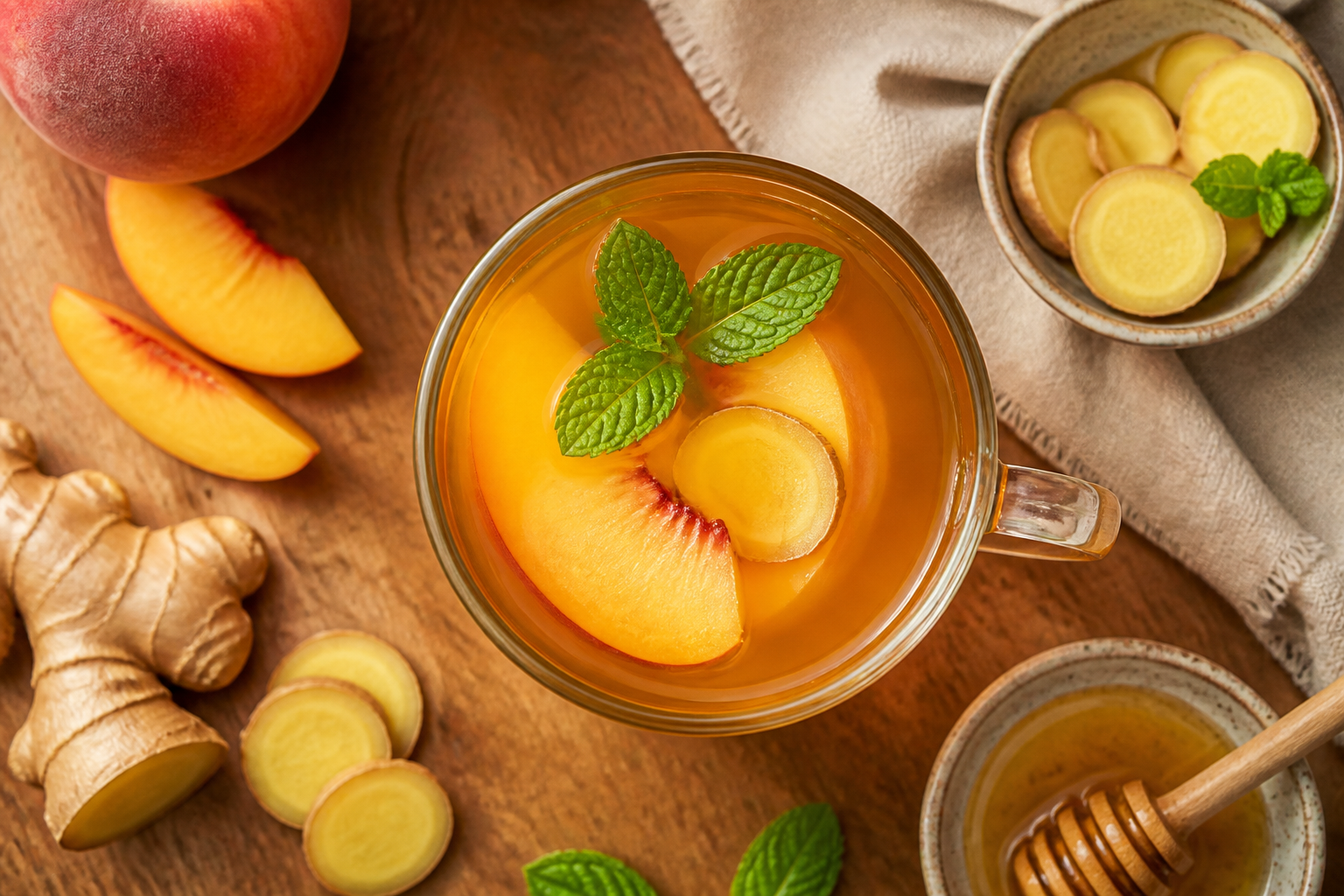 Overhead shot of Soothing Ginger Peach Tea plated appetizingly in a tall glass or mug