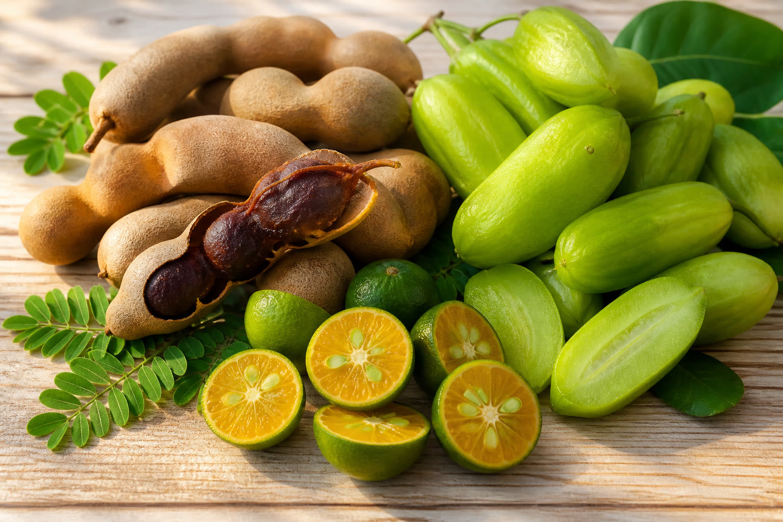 Tamarind pods, kamias, and halved calamansi on a wooden surface