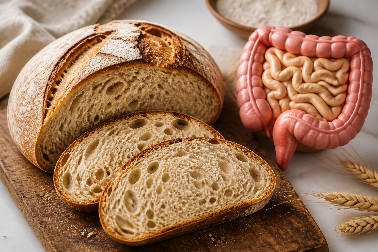 Close-up editorial still life of Sourdough Bread and Your Gut on a clean wooden or marble surface