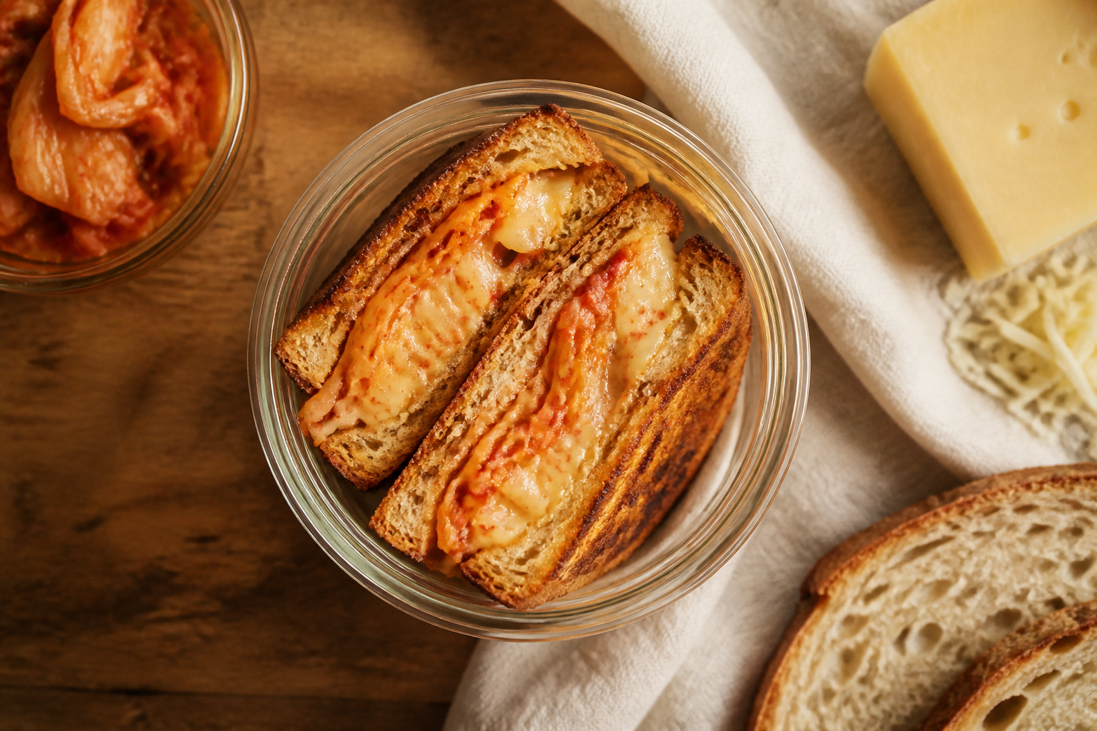 Overhead shot of Sourdough Grilled Cheese with Kimchi plated appetizingly in a mason jar