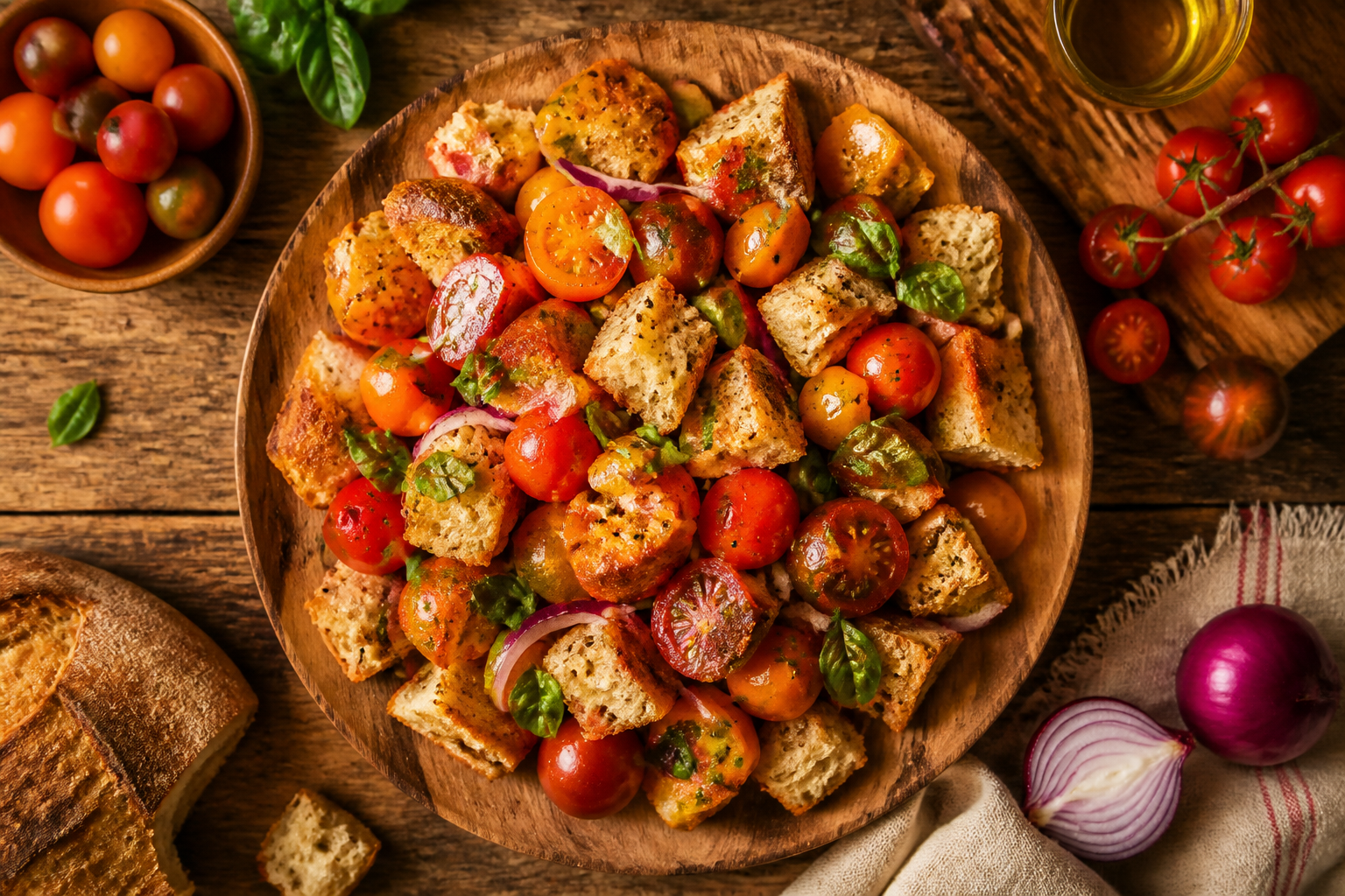 Overhead shot of Sourdough Panzanella with Tomatoes plated appetizingly in a wooden board