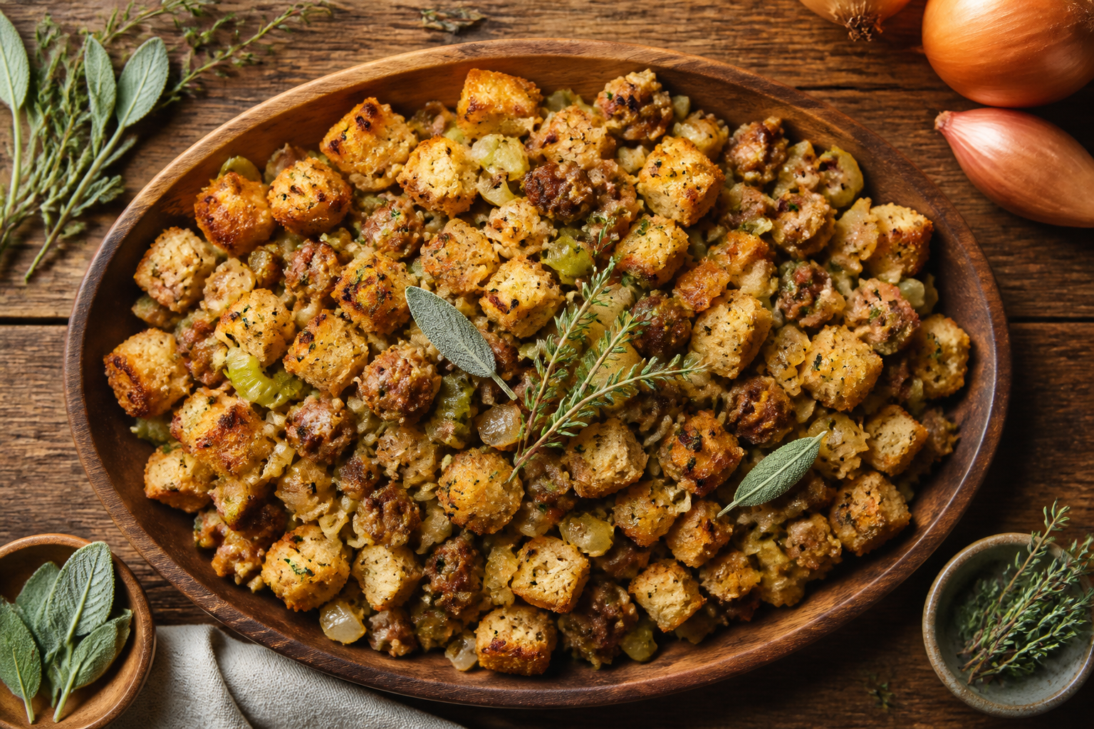 Overhead shot of Sourdough Stuffing with Sausage and Herbs plated appetizingly in a wooden board