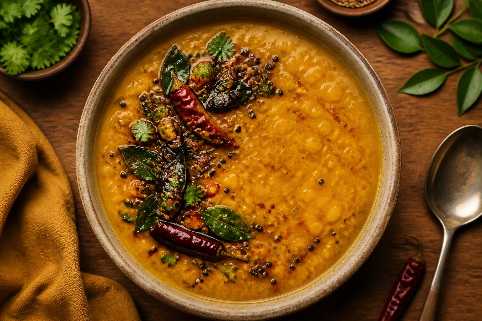 Overhead shot of Spiced Lentil Dal plated appetizingly in a ceramic bowl