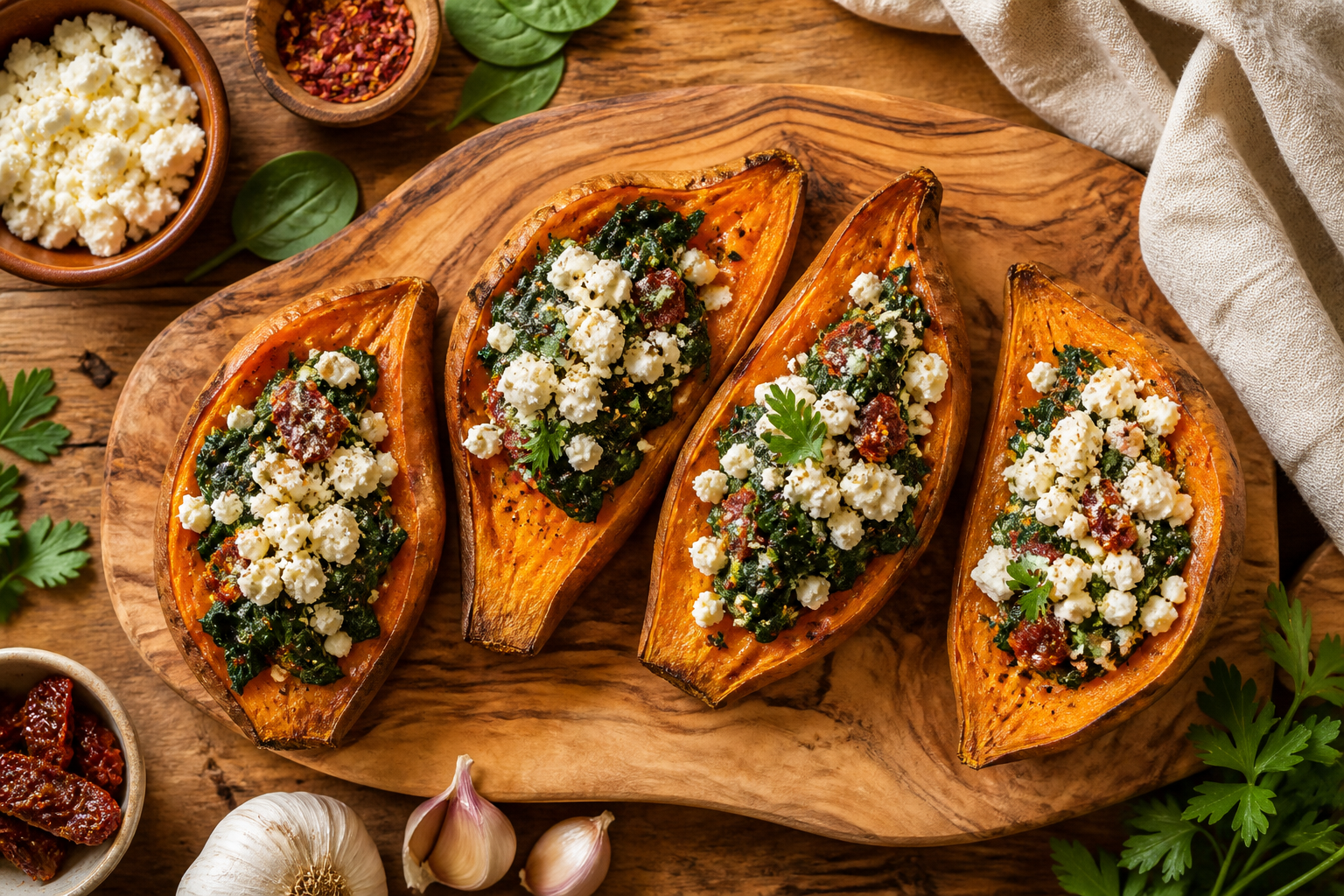 Overhead shot of Spinach and Feta Stuffed Sweet Potatoes plated appetizingly in a wooden board