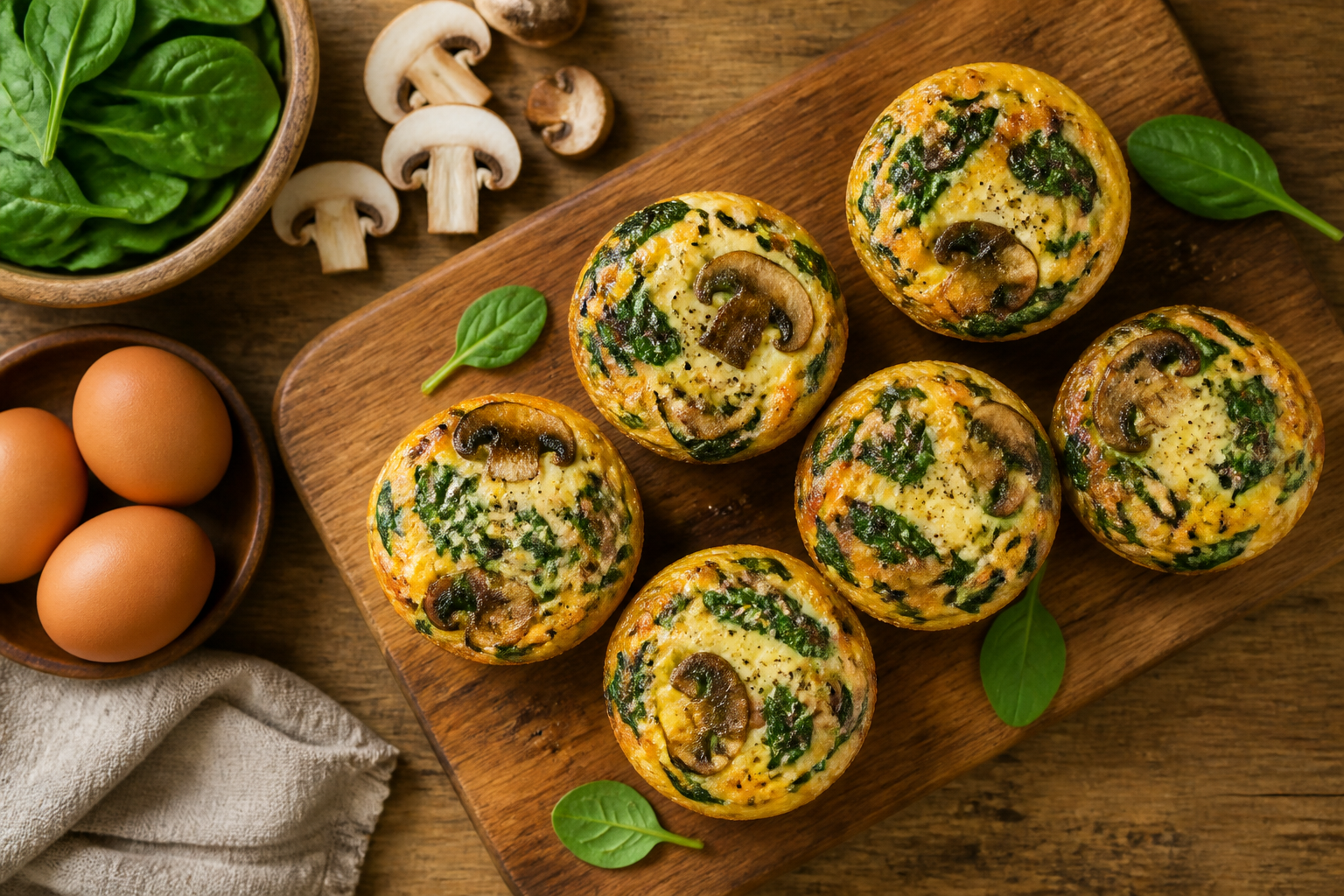 Overhead shot of Spinach Mushroom Egg Muffins plated appetizingly in a wooden board