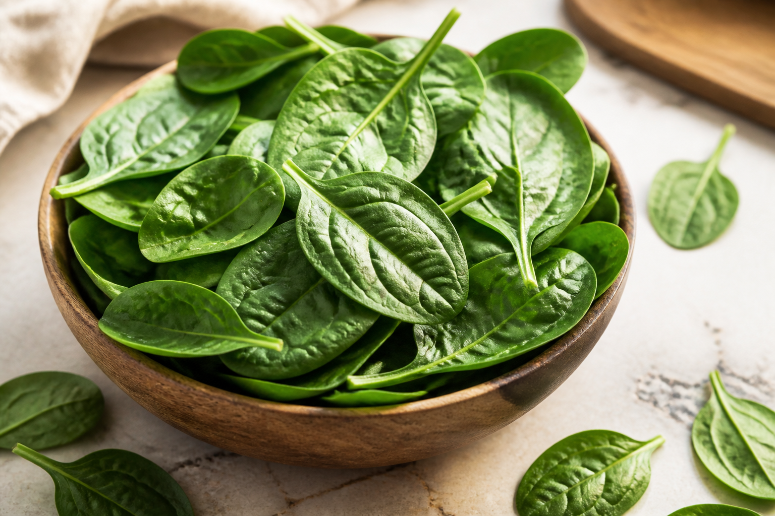 Close-up editorial still life of Spinach on a clean wooden or marble surface