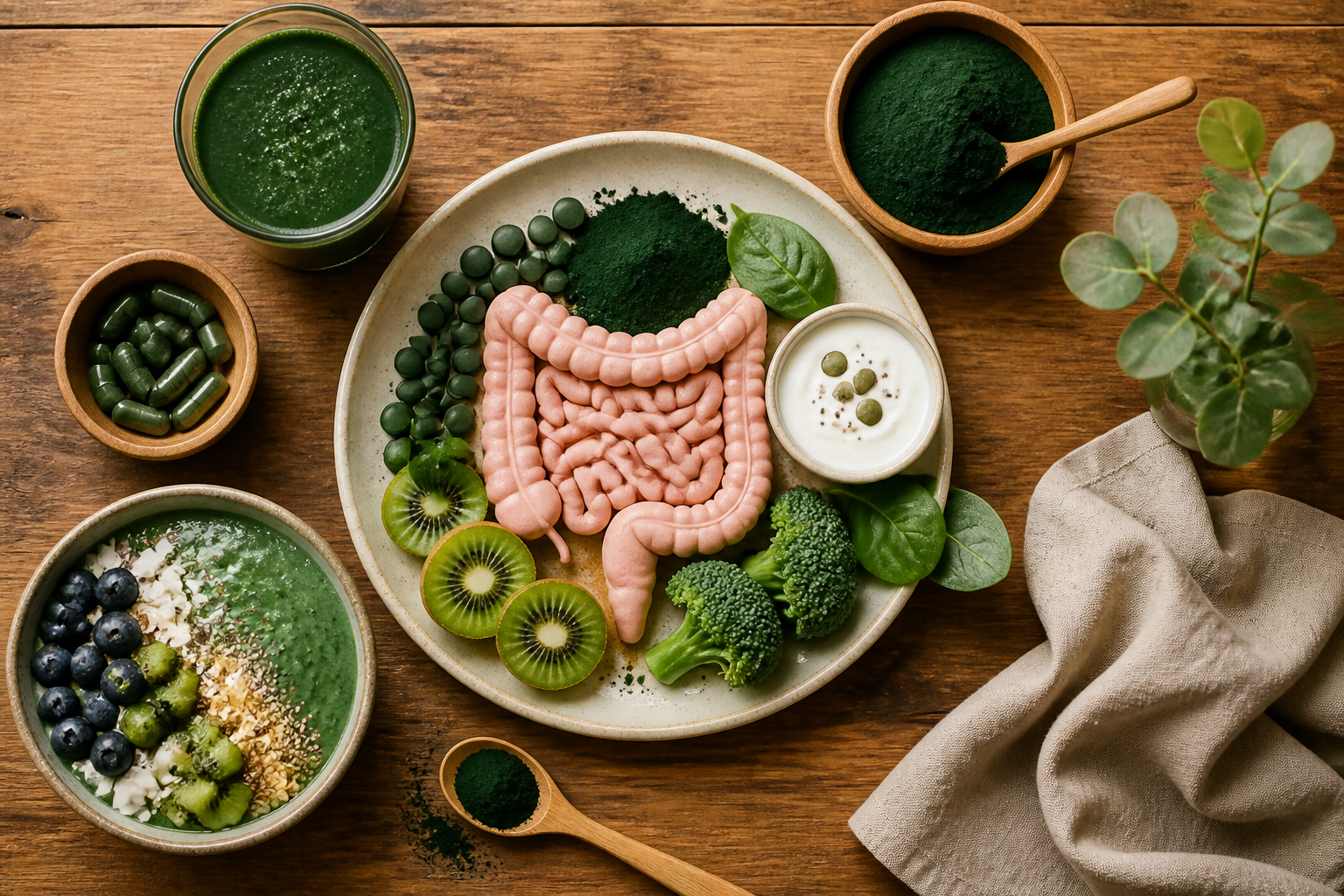 Overhead editorial still life related to Spirulina and Your Gut on a warm wooden surface