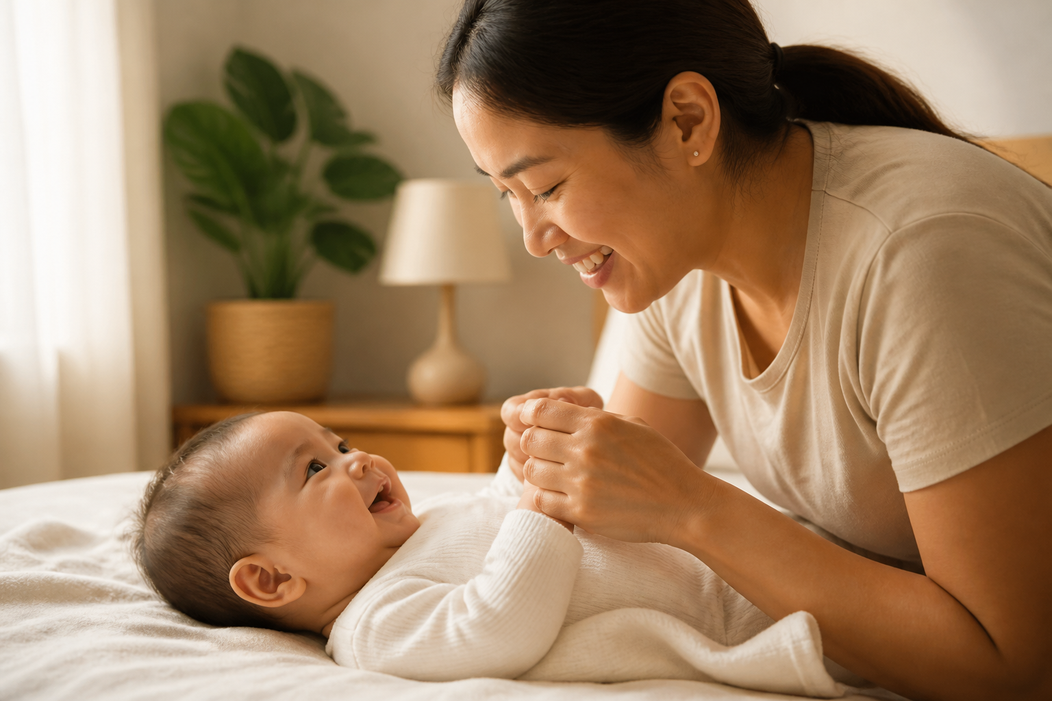 Filipino mother in her 30s with a baby in a softly lit home
