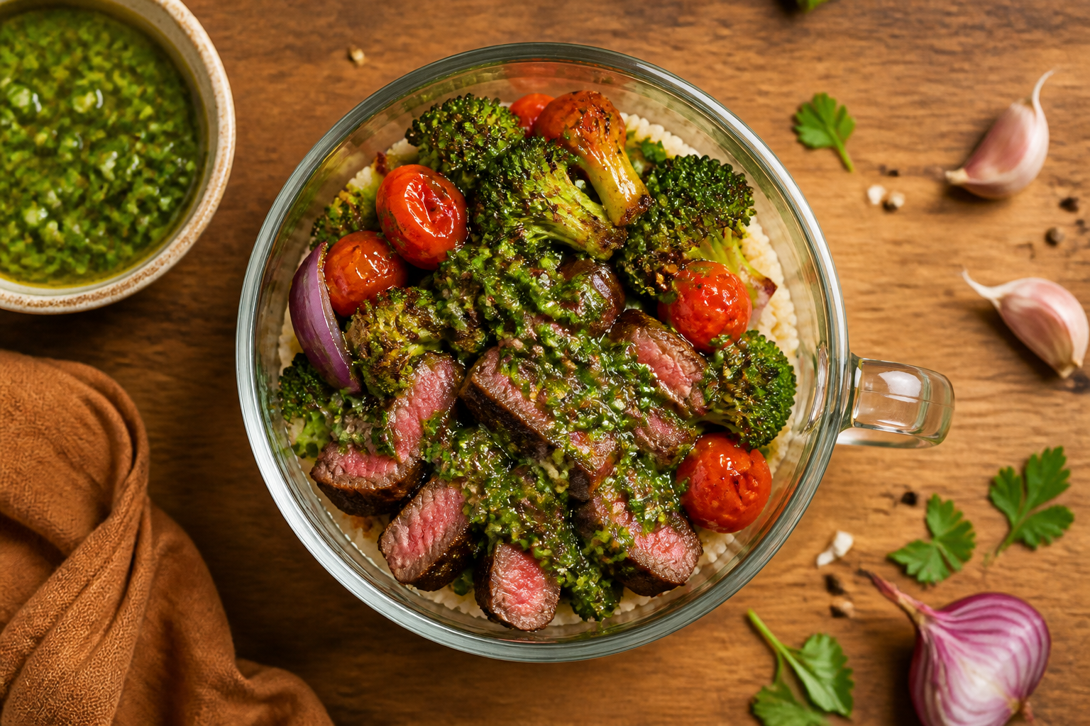 Overhead shot of Steak and Roasted Broccoli Bowl with Chimichurri plated appetizingly in a tall glass or mug