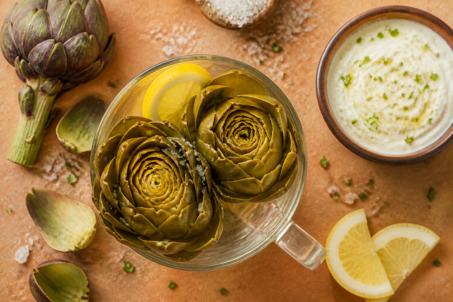 Overhead shot of Steamed Artichokes with Yogurt Dip plated appetizingly in a tall glass or mug