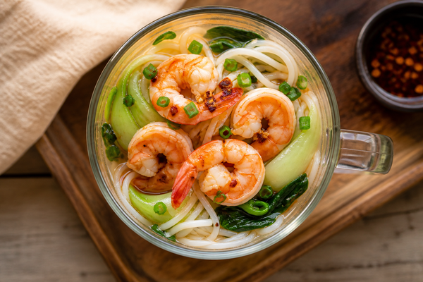 Steamed Shrimp with Bok Choy and Rice Noodles