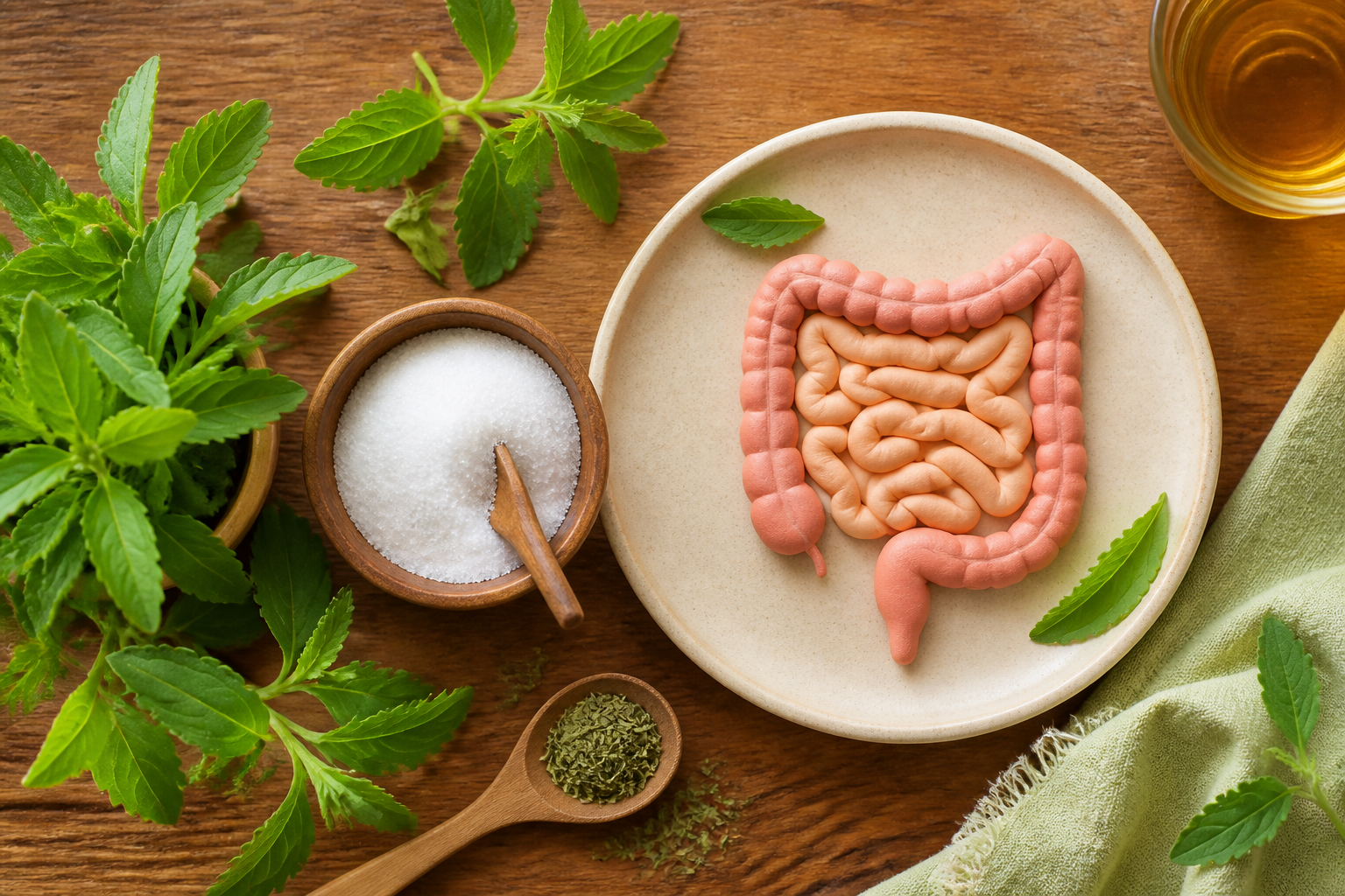 Overhead editorial still life related to Stevia and Your Gut on a warm wooden surface