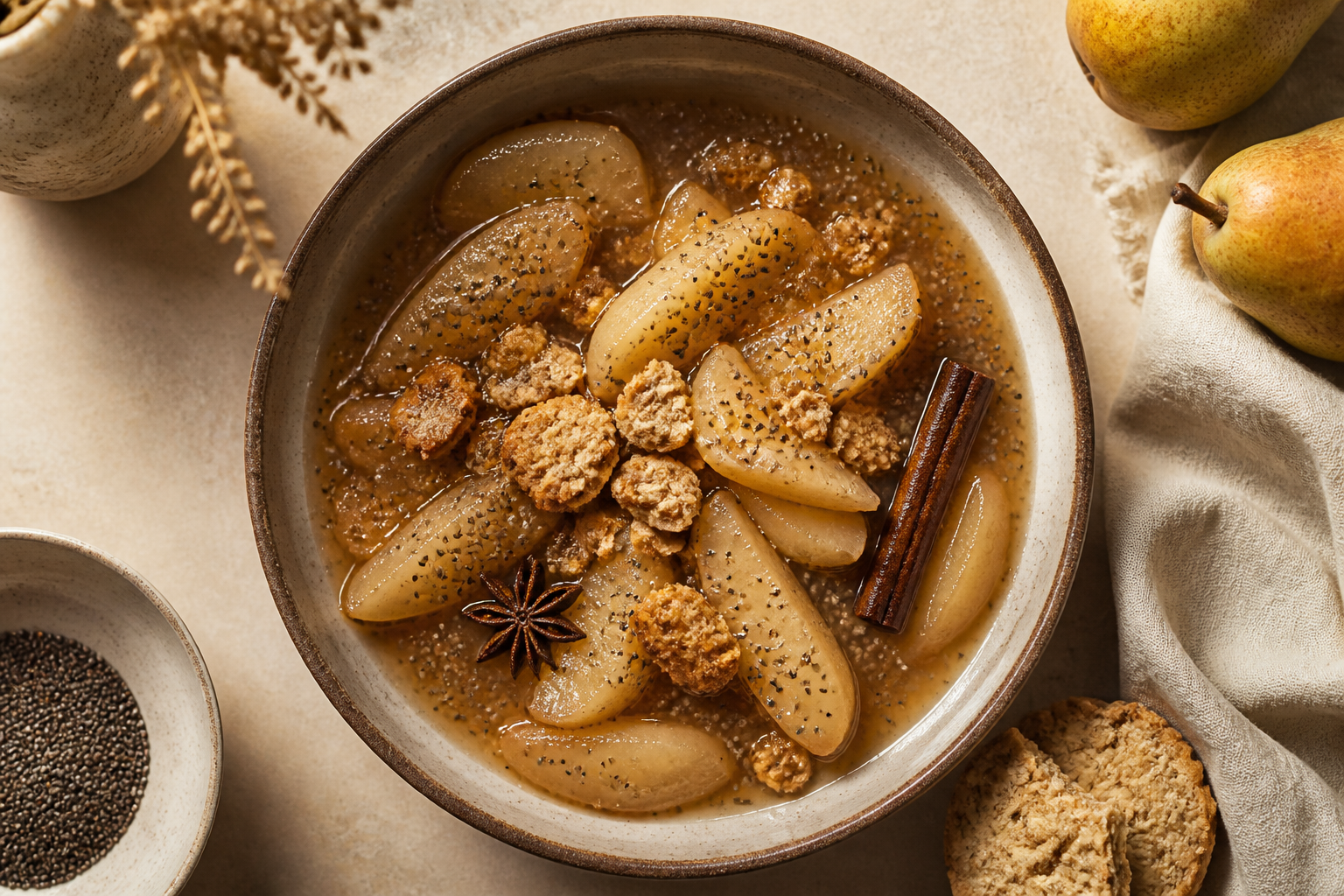 Overhead shot of Stewed Pear and Chia Digestive Compote plated appetizingly in a ceramic bowl