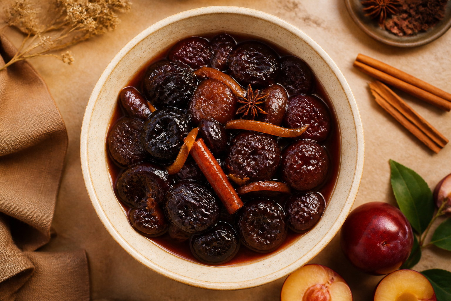 Overhead shot of Stewed Prune Compote plated appetizingly in a ceramic bowl
