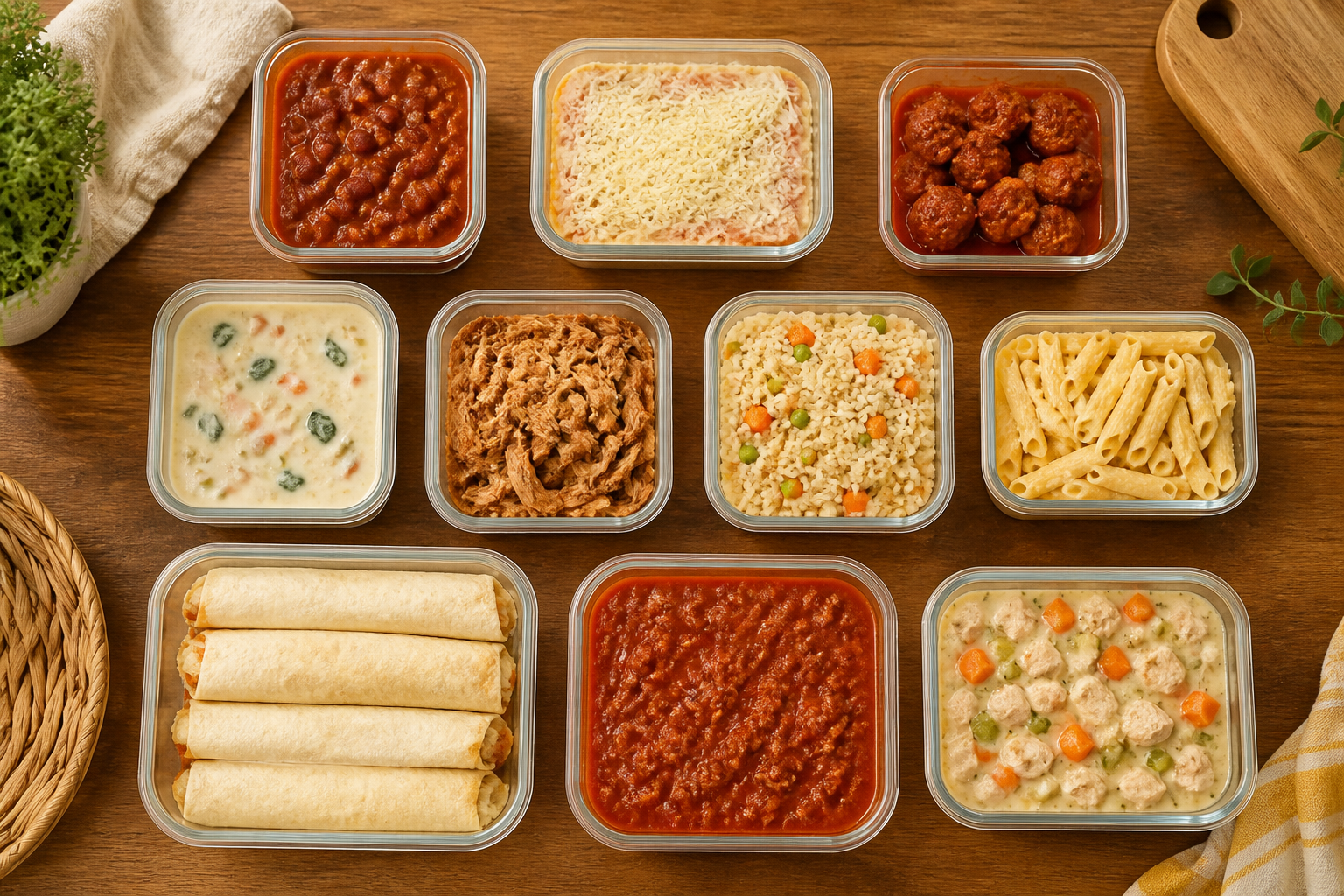 Overhead editorial still life related to Stock Your Freezer for the Hard Weeks on a warm wooden surface