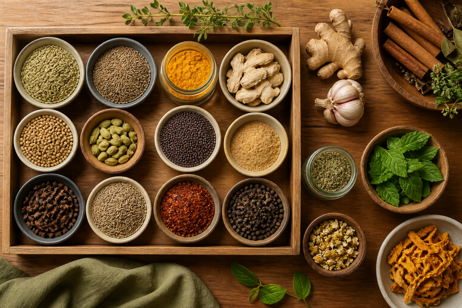 Overhead editorial still life related to Stocking a Spice Cabinet That Actually Supports Digestion on a warm wooden surface
