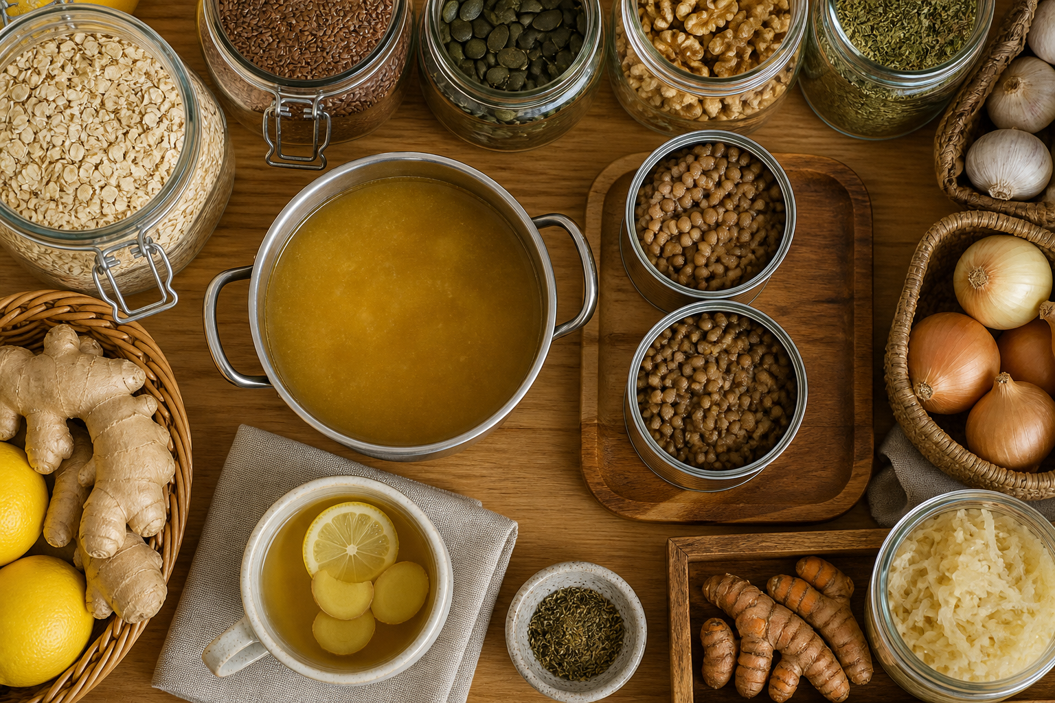 Overhead flat lay of a neatly organized pantry shelf with gut-healthy staples — broth