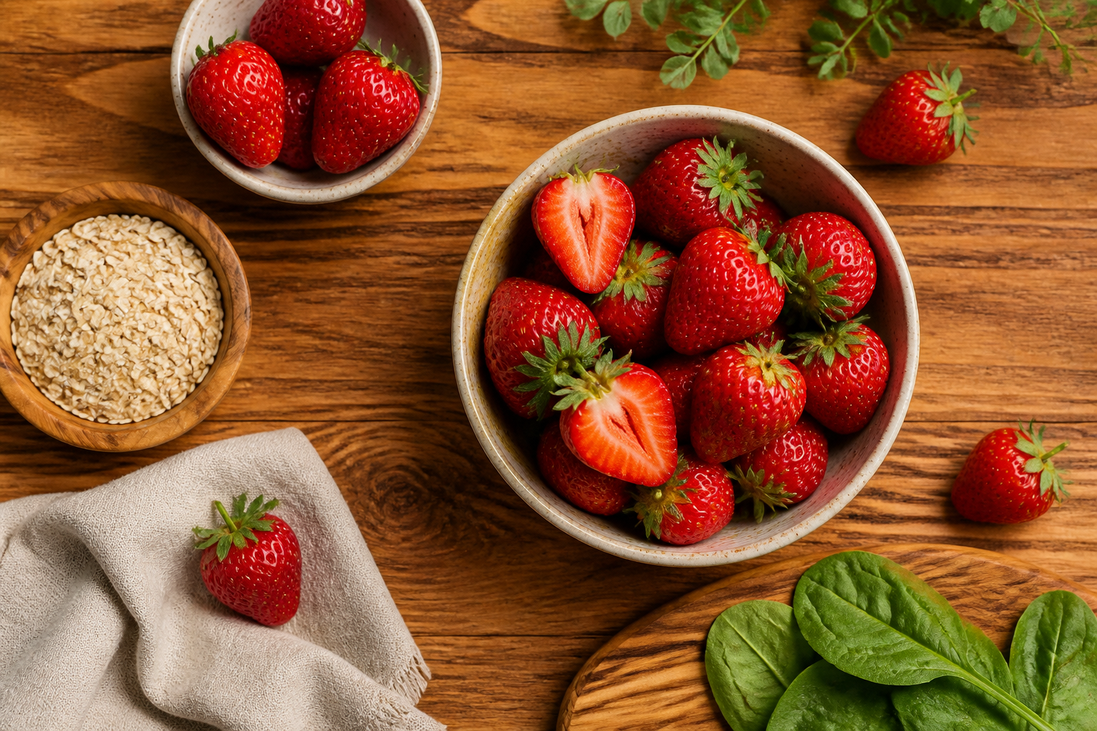 Overhead editorial still life related to Strawberries and the Fiber You Didn't Expect From Something So Sweet on a warm wooden surface
