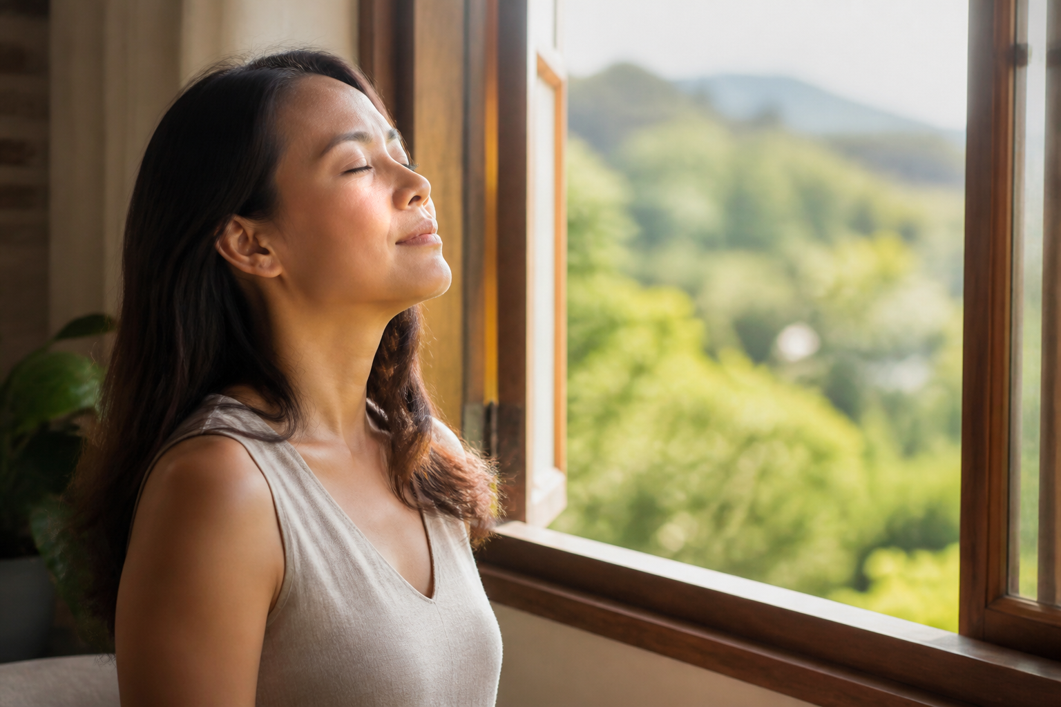 Filipino woman in her 30s taking a slow deep breath by an open window