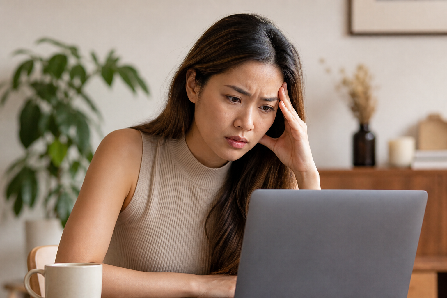 Filipino woman in her late 20s at a desk with tense shoulders, looking at a laptop with one hand on her temple