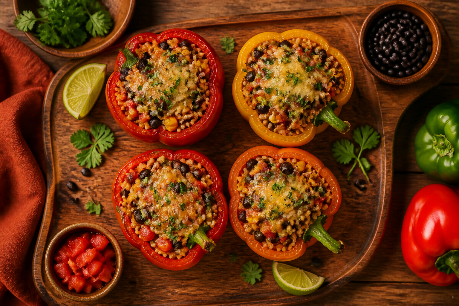 Overhead shot of Stuffed Bell Peppers with Brown Rice and Black Beans plated appetizingly in a wooden board