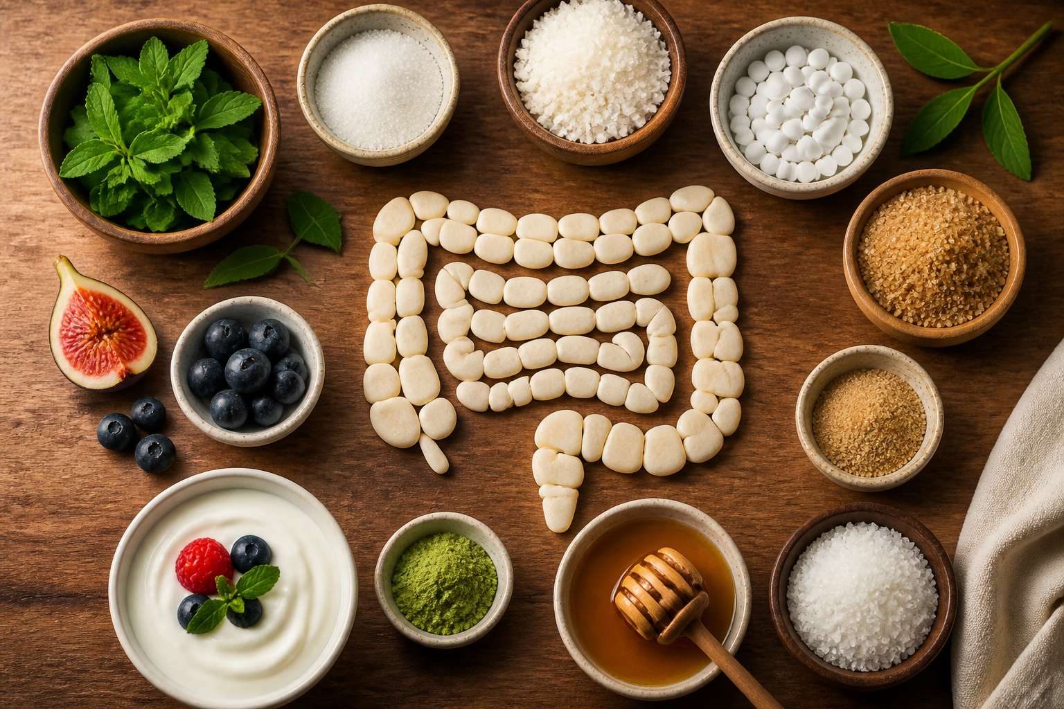 Overhead editorial still life related to Sugar Substitutes and Your Gut on a warm wooden surface