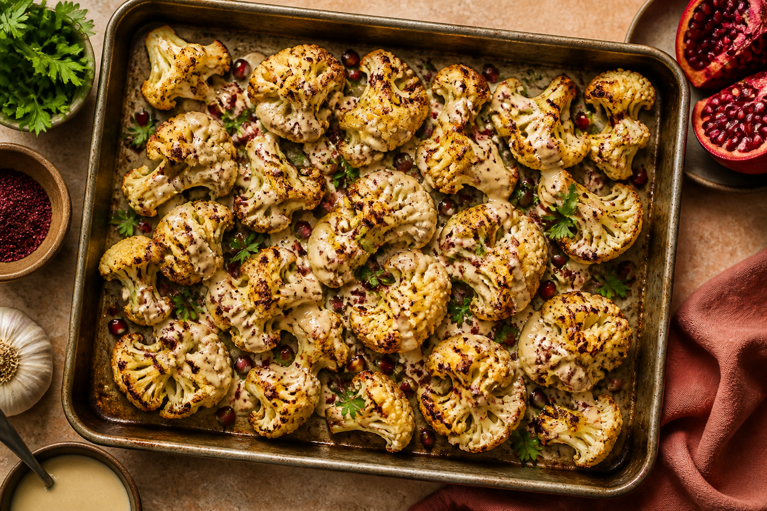 Overhead shot of Sumac Roasted Cauliflower with Tahini plated appetizingly in a baking tray