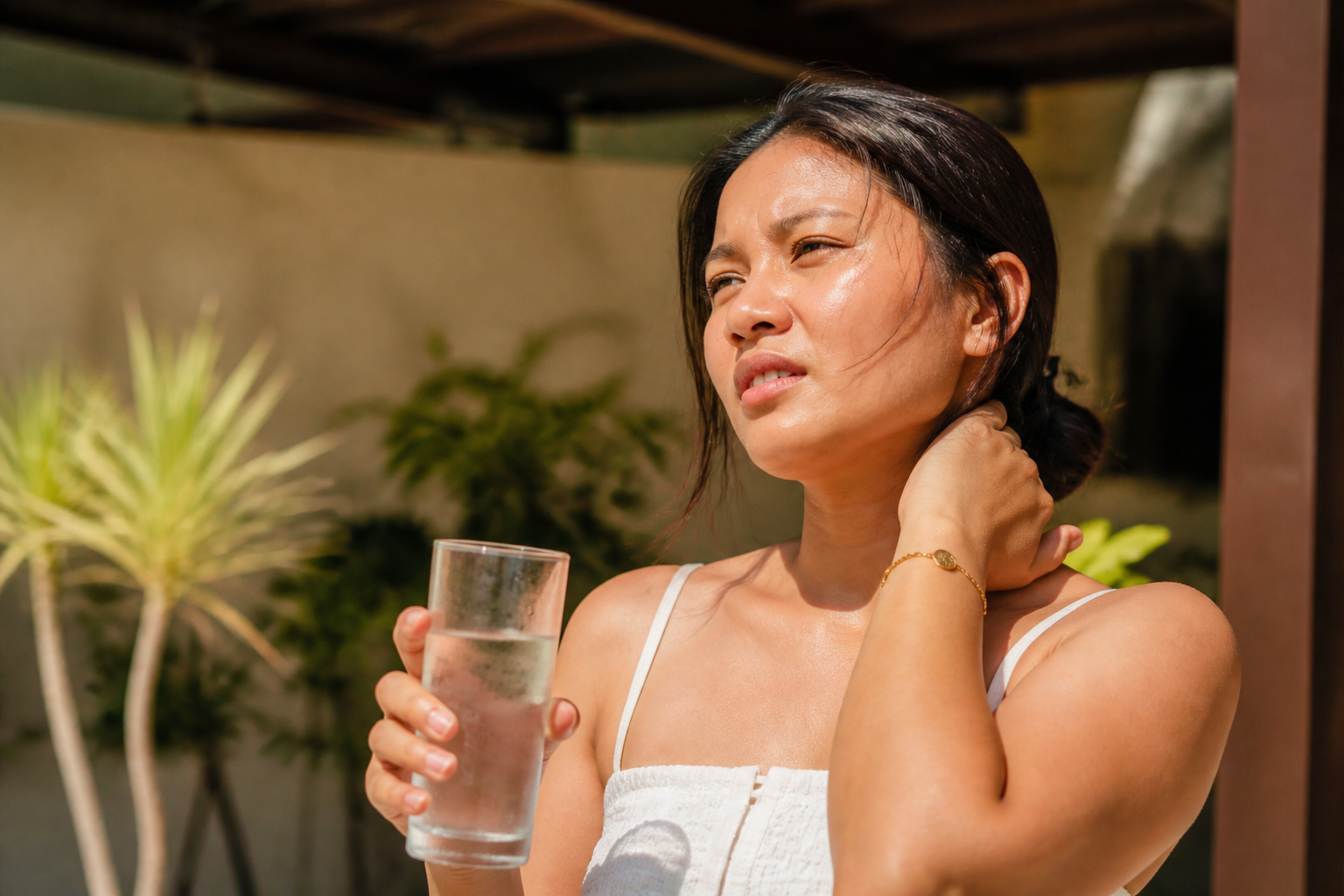 Filipino woman in her 30s on a hot day